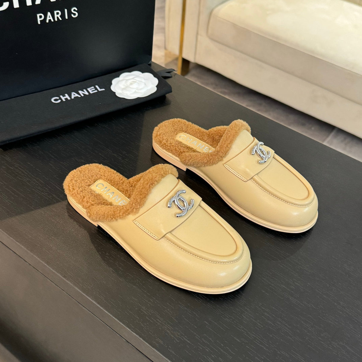CC Mule Beige Calfskin Lamb Wool