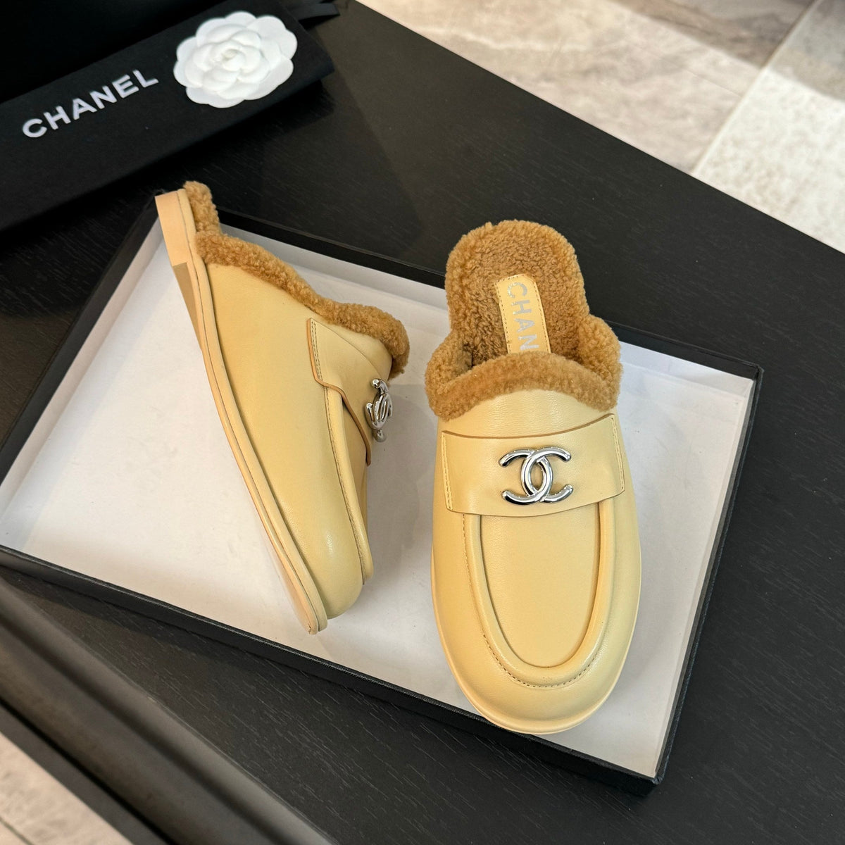CC Mule Beige Calfskin Lamb Wool