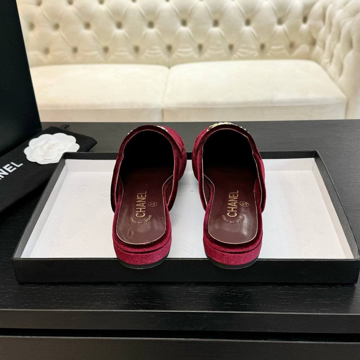 CC Mule Dark Red Velvet Double C Diamond