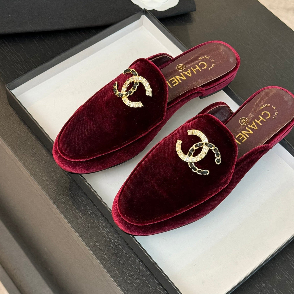 CC Mule Dark Red Velvet Double C Diamond