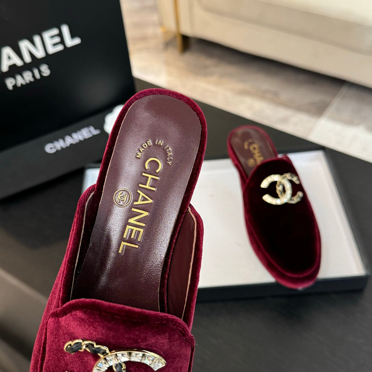 CC Mule Dark Red Velvet Double C Diamond