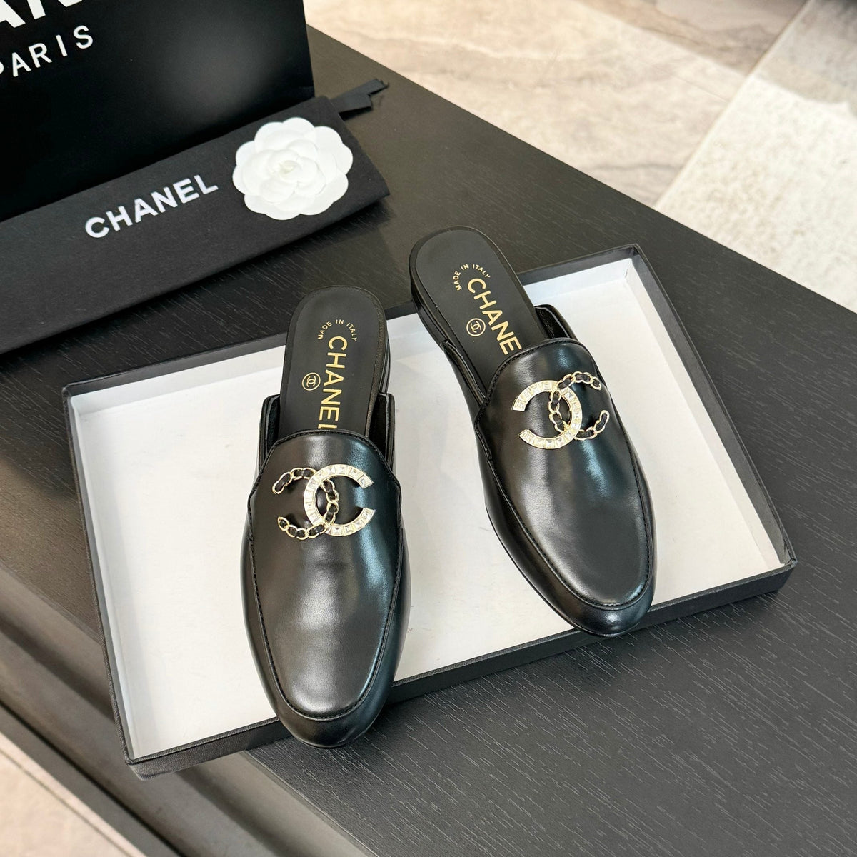 CC Mule Black Calfskin Double C Diamond