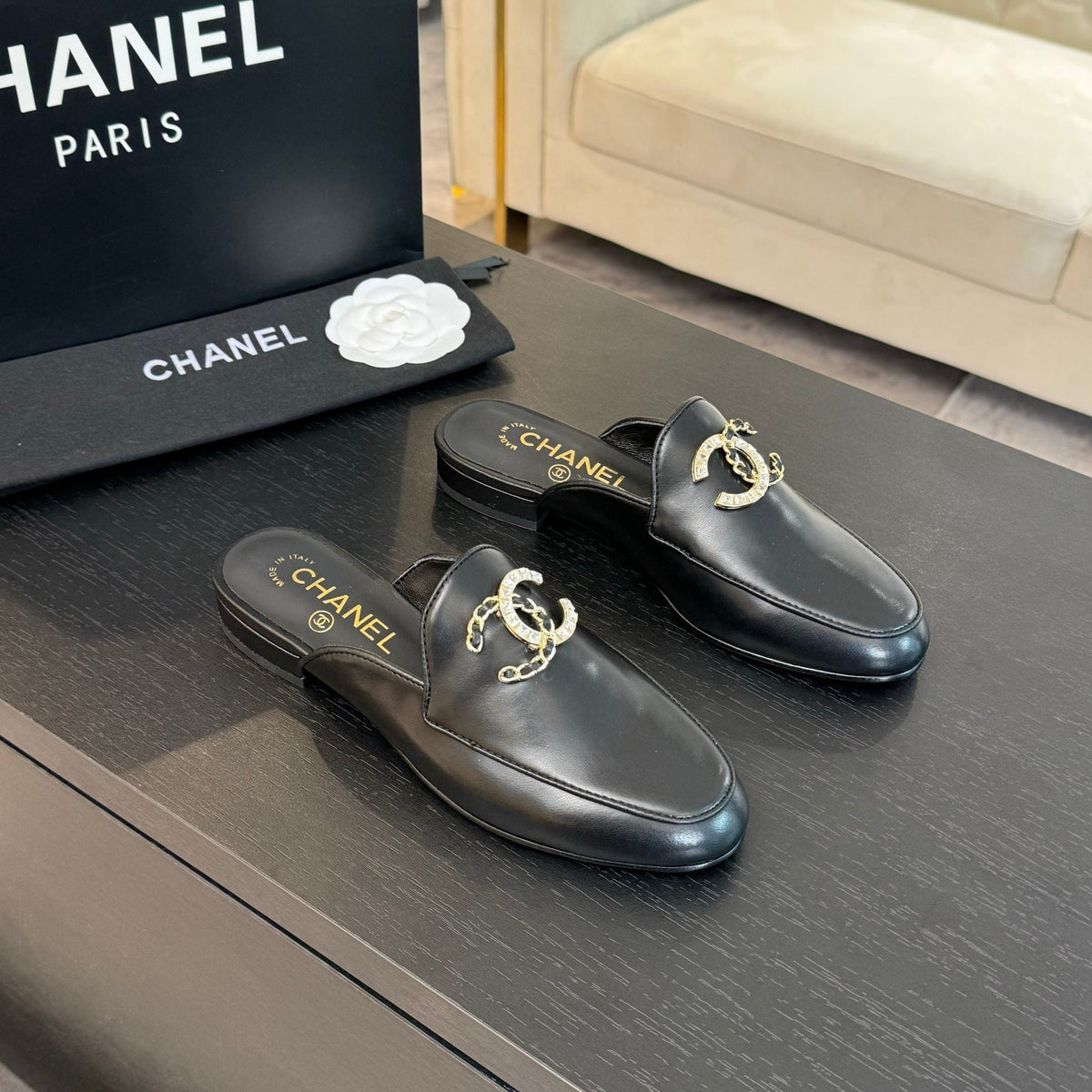 CC Mule Black Calfskin Double C Diamond