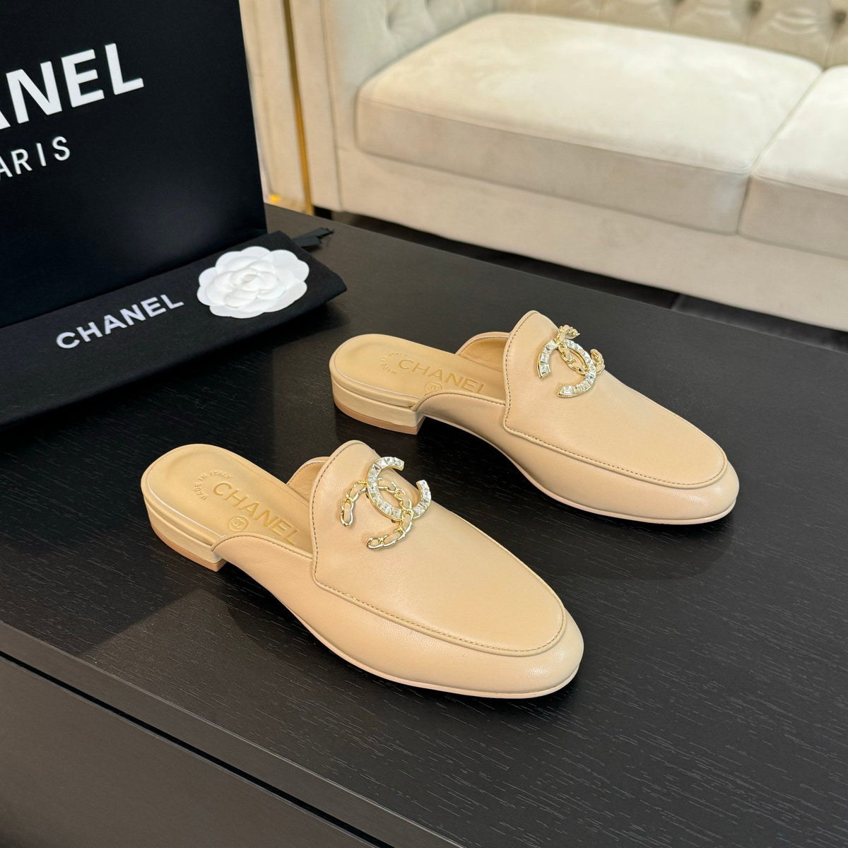 CC Mule Beige Calfskin Double C Diamond