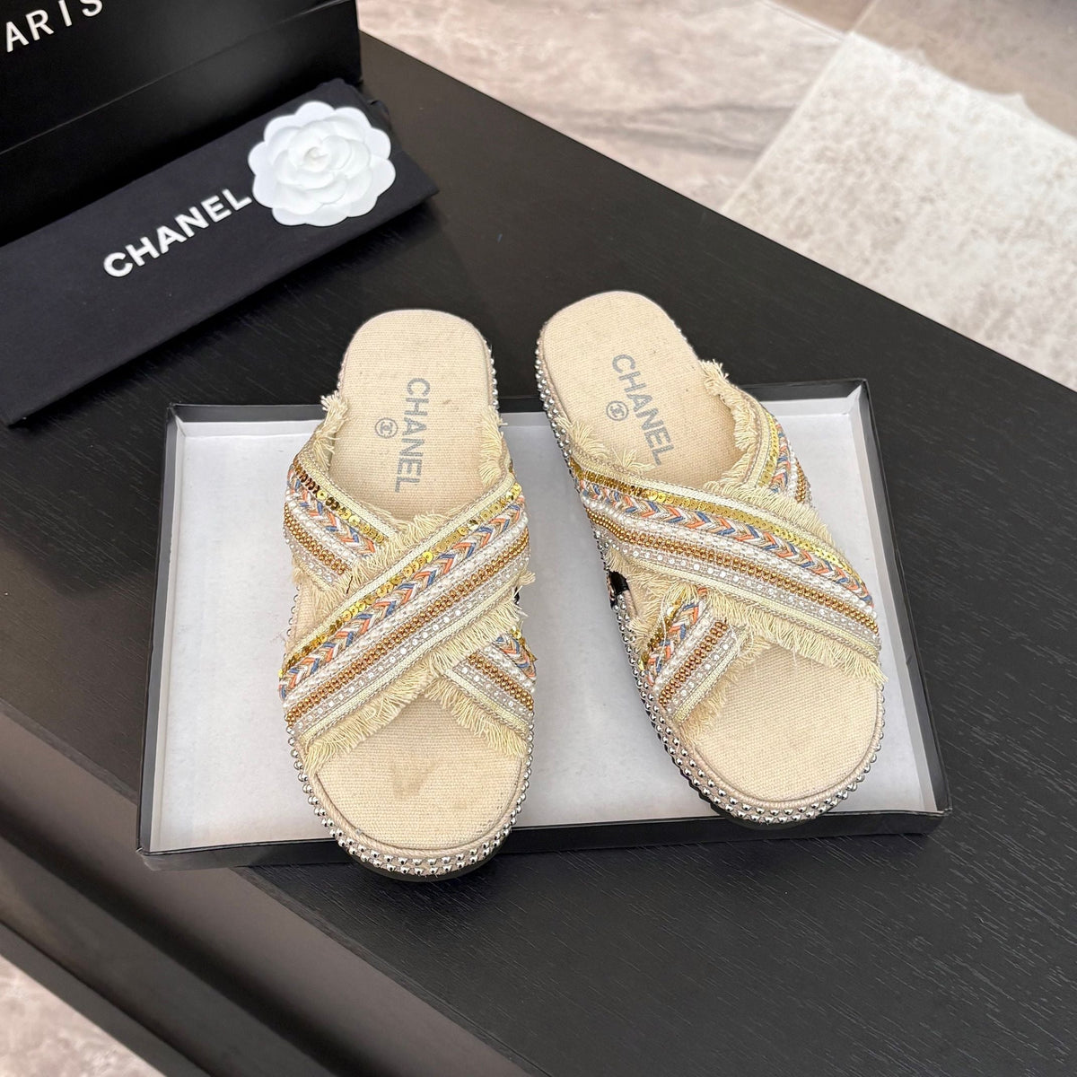 CC 25C Thick-Soled Slipper In Black Denim Navajo White Fabric 213233