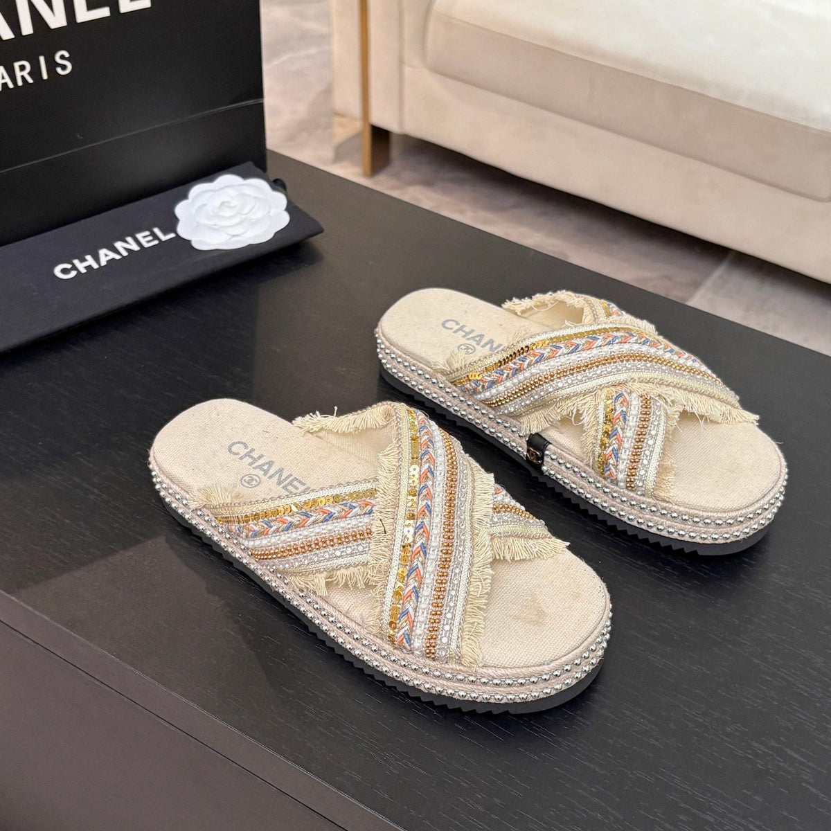 CC 25C Thick-Soled Slipper In Black Denim Navajo White Fabric 213233