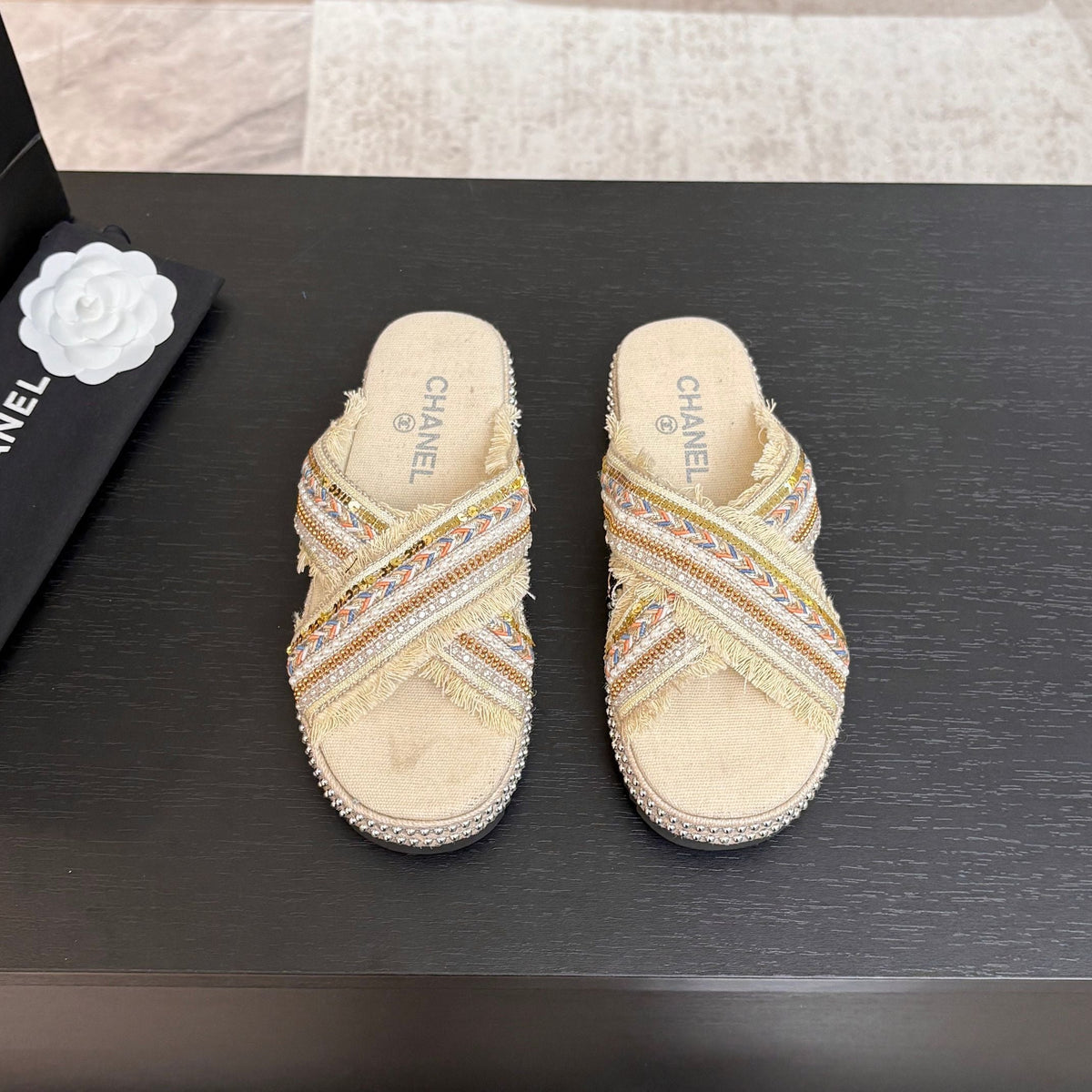 CC 25C Thick-Soled Slipper In Black Denim Navajo White Fabric 213233