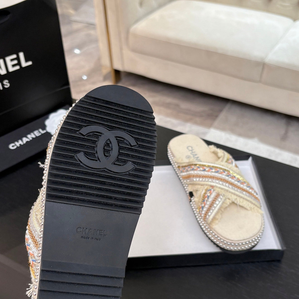 CC 25C Thick-Soled Slipper In Black Denim Navajo White Fabric 213233