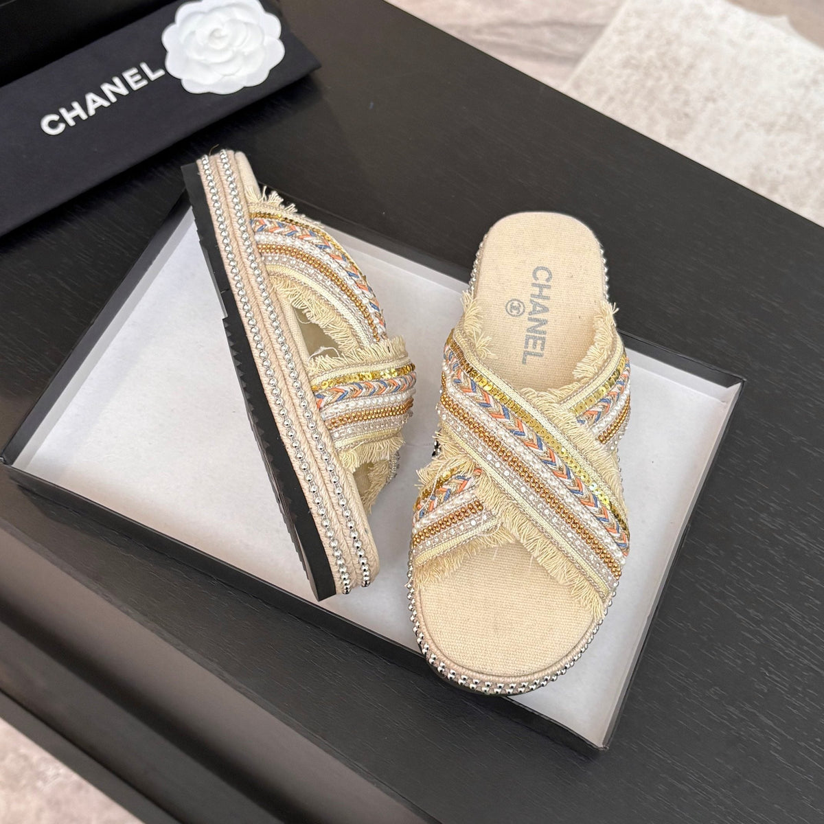 CC 25C Thick-Soled Slipper In Black Denim Navajo White Fabric 213233