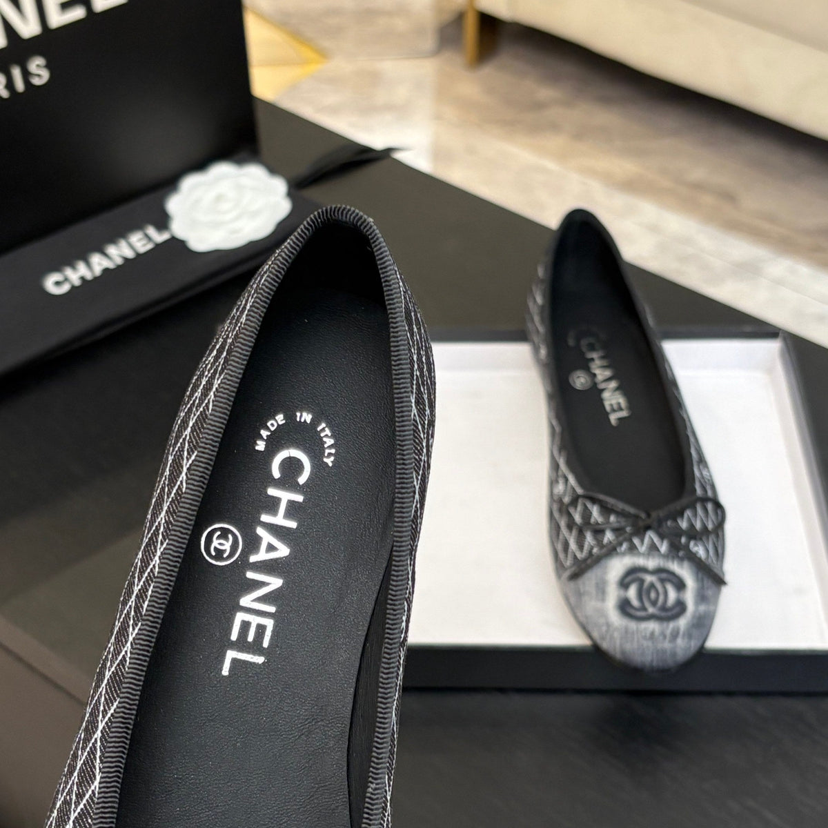 CC 25 Ballet Flat Black Grey Quilted Denim