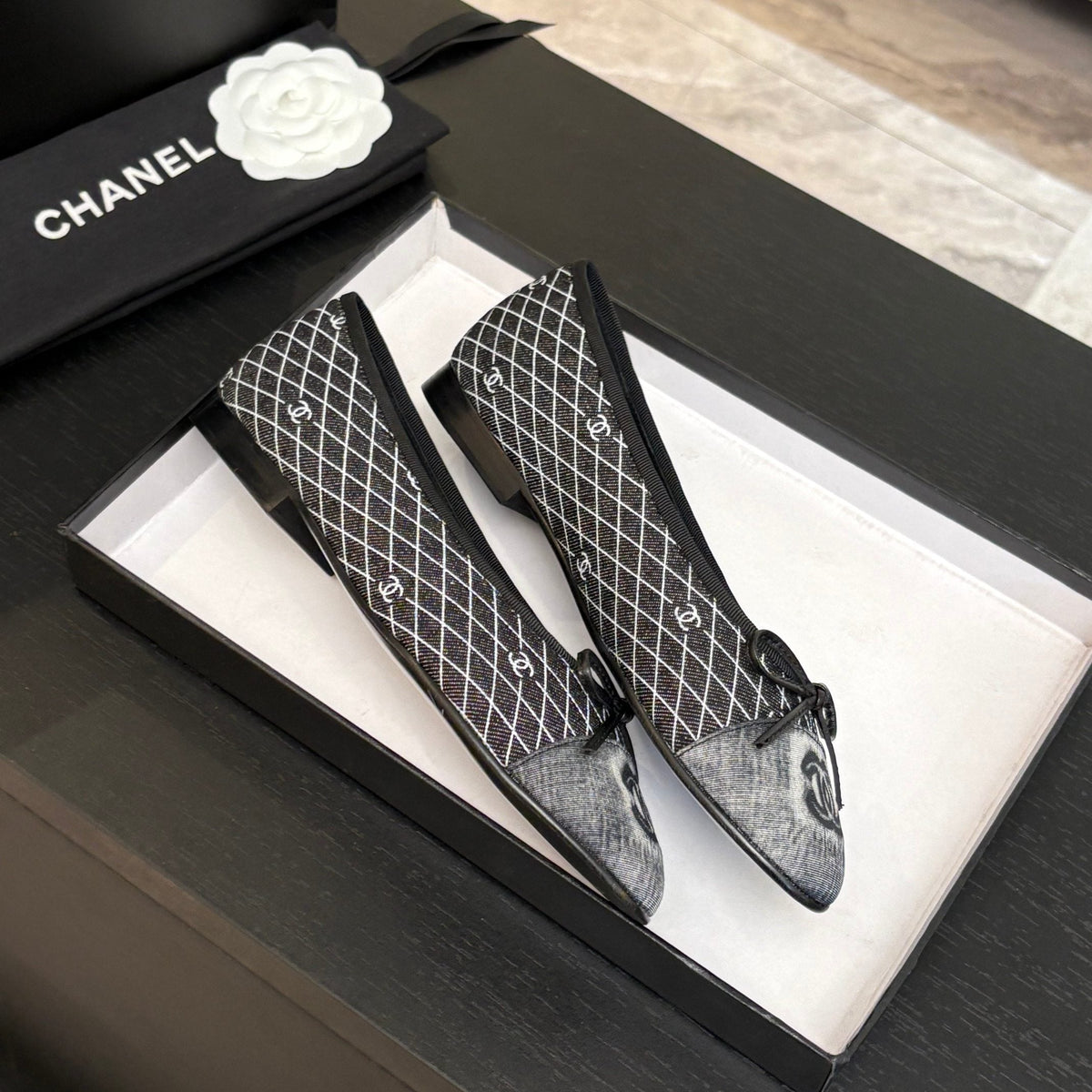 CC 25 Ballet Flat Black Grey Quilted Denim