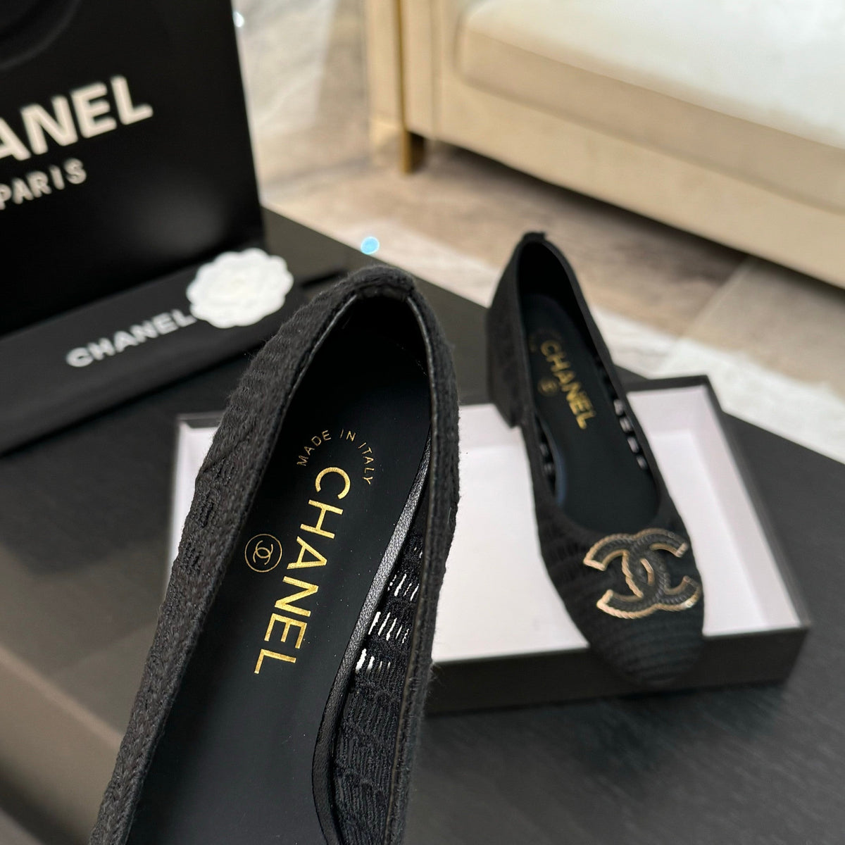 CC 25P Ballet Heel 50mm Black Raffia Large Logo