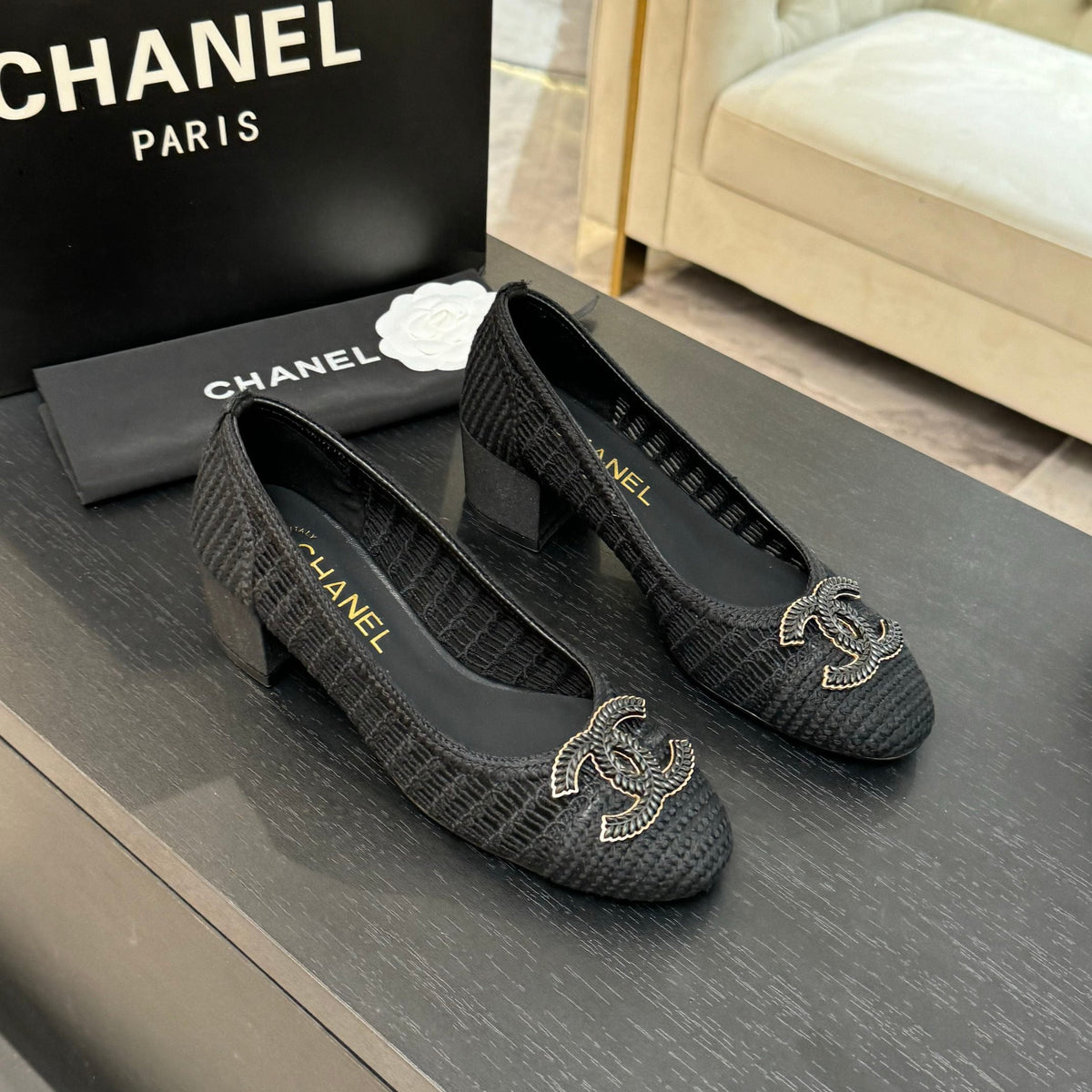 CC 25P Ballet Heel 50mm Black Raffia Large Logo