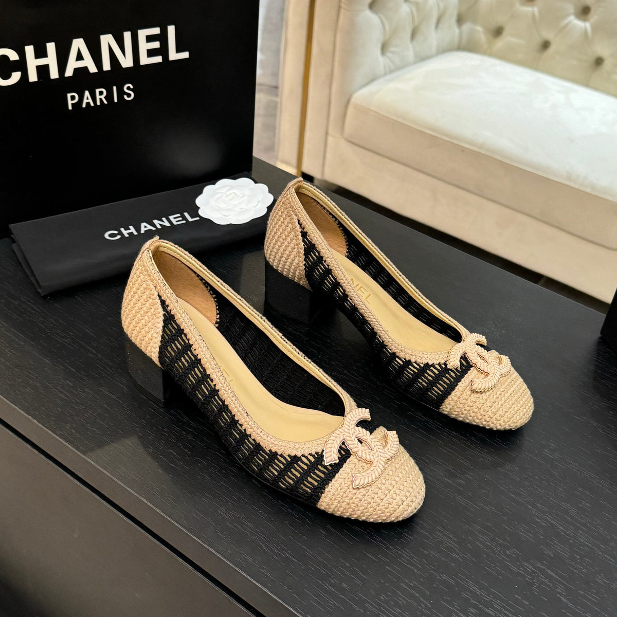 CC 25P Ballet Heel 50mm Black Beige Raffia Large Logo
