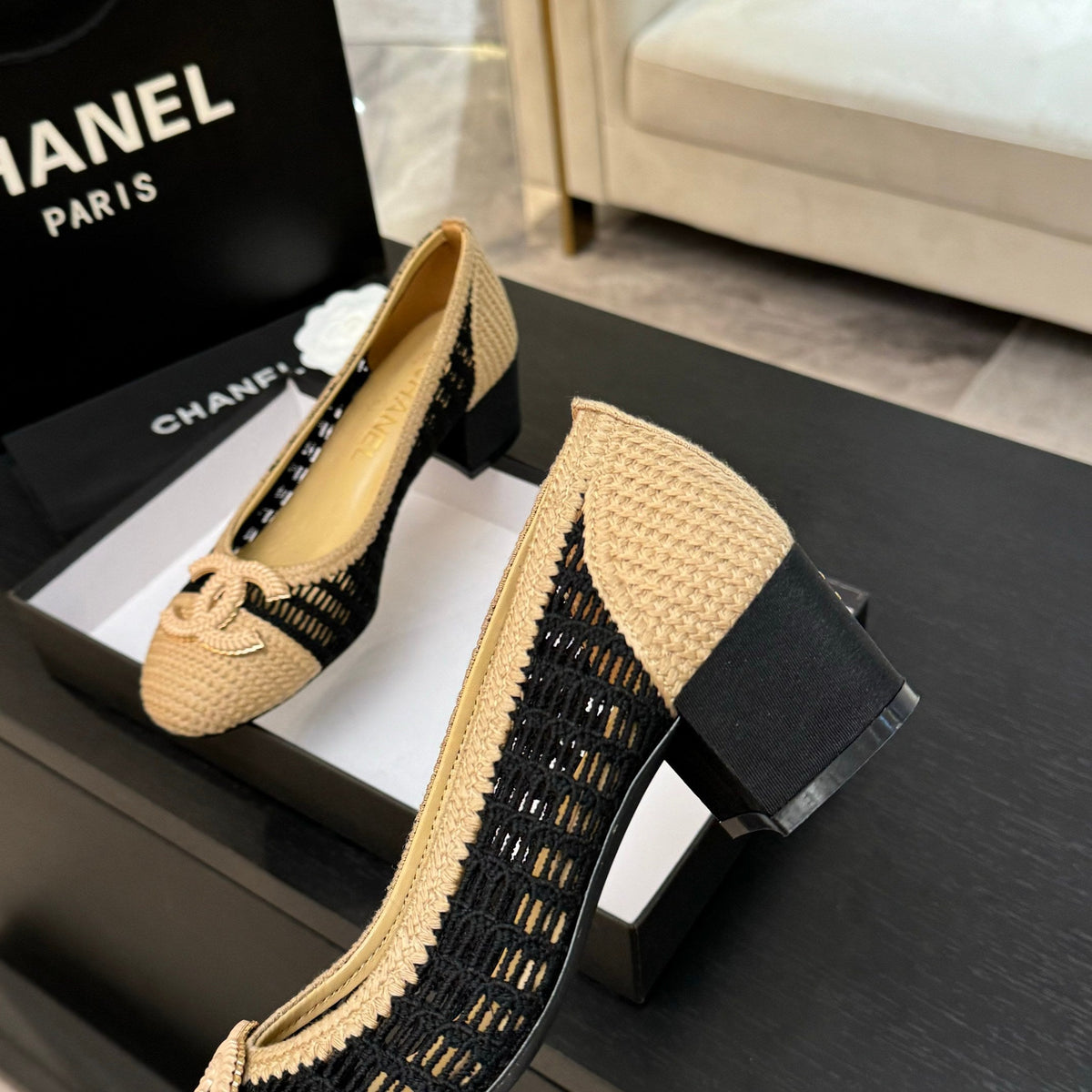 CC 25P Ballet Heel 50mm Black Beige Raffia Large Logo