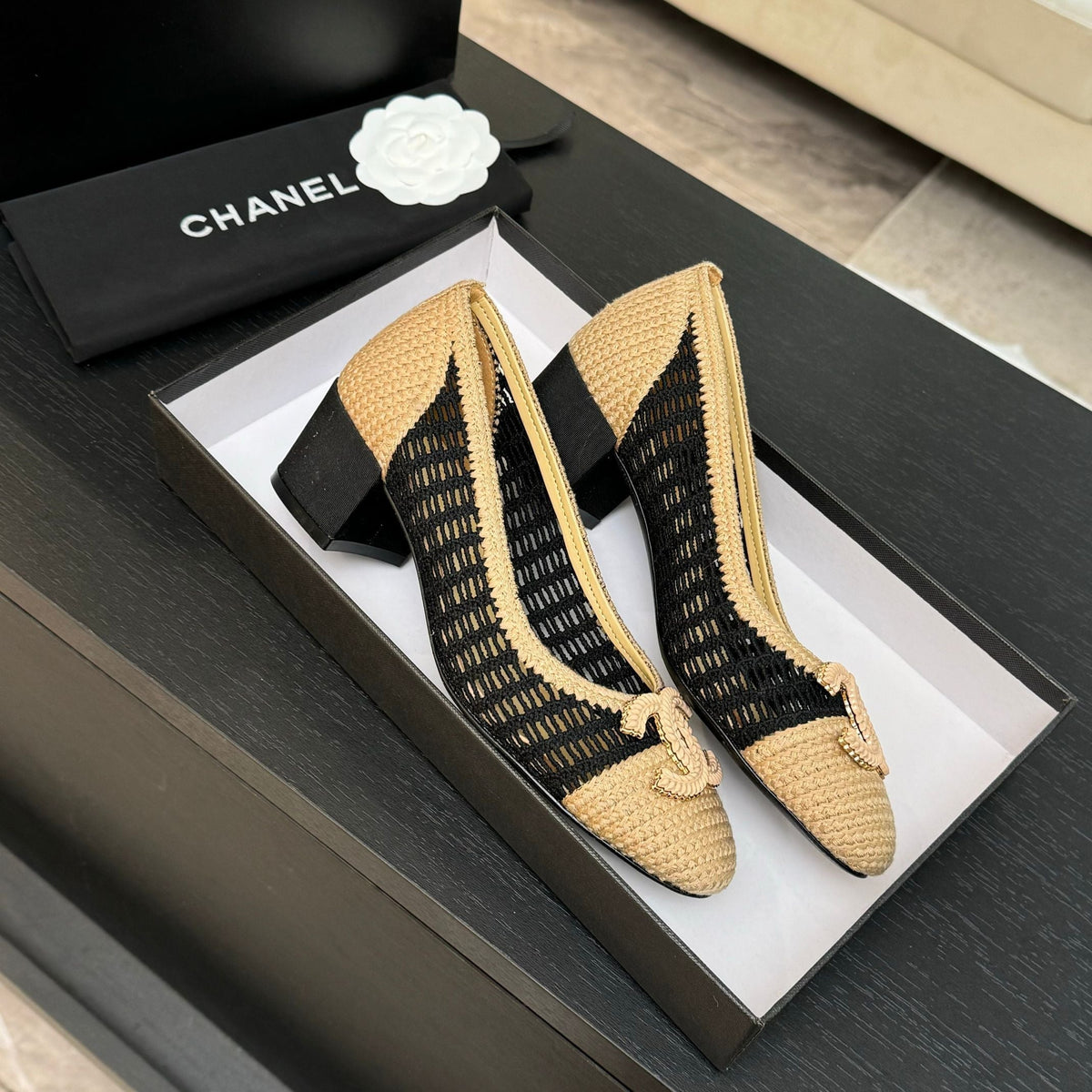 CC 25P Ballet Heel 50mm Black Beige Raffia Large Logo