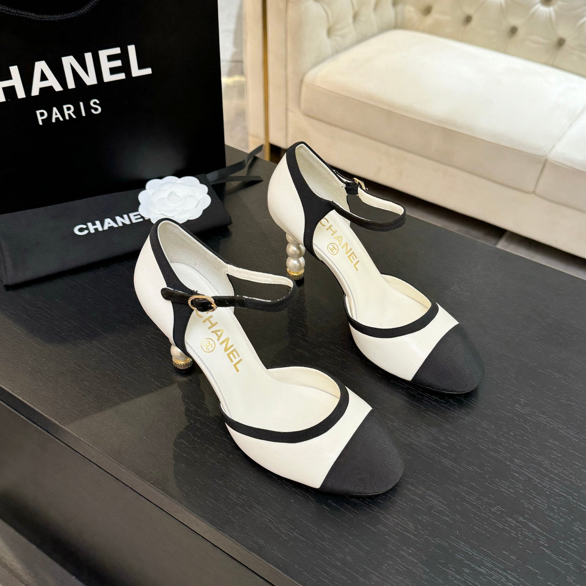 CC 25S Slingback 85mm White Calfskin Black Grosgrain
