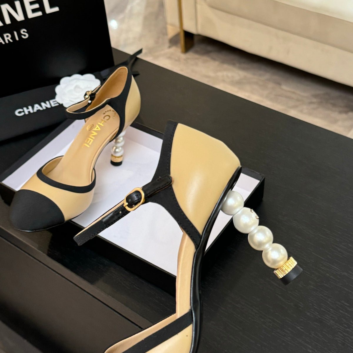 CC 25S Slingback 85mm Beige Calfskin Black Grosgrain