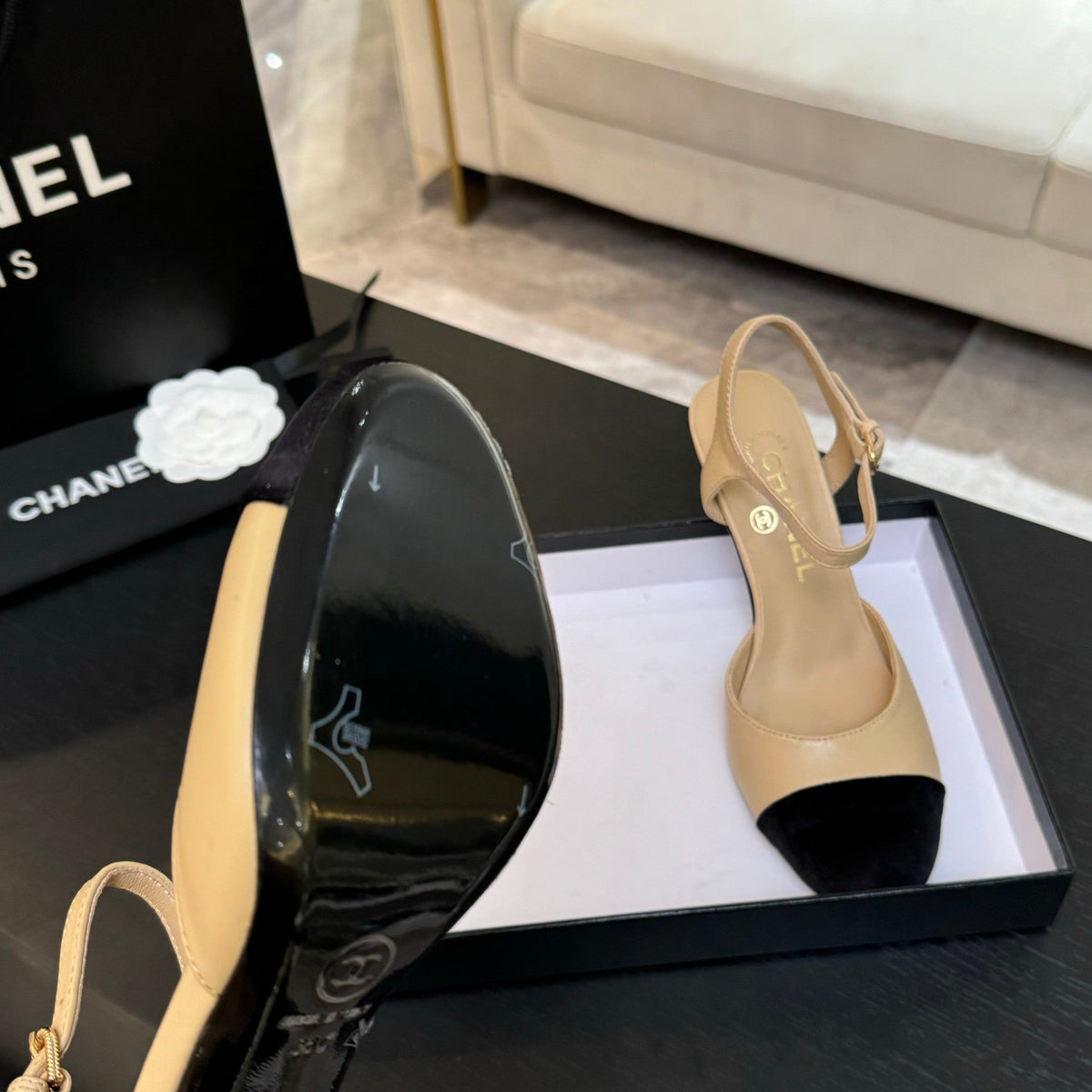 CC 25S Slingback 85mm Beige Calfskin Black Suede