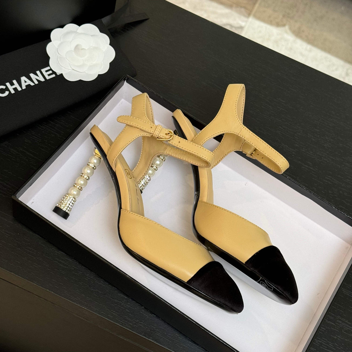 CC 25S Slingback 85mm Beige Calfskin Black Suede