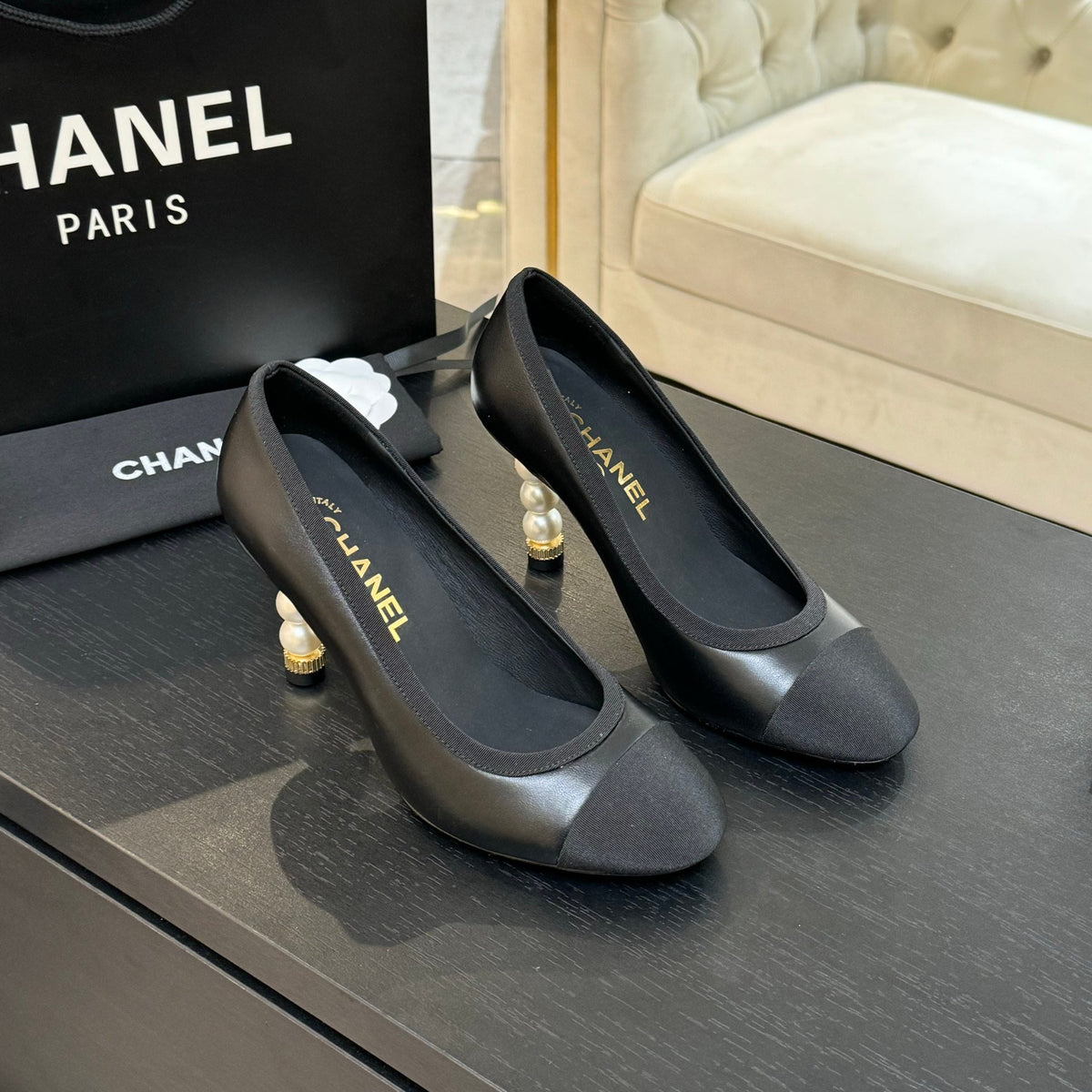 CC 25S Pump 85mm Black Calfskin Grosgrain