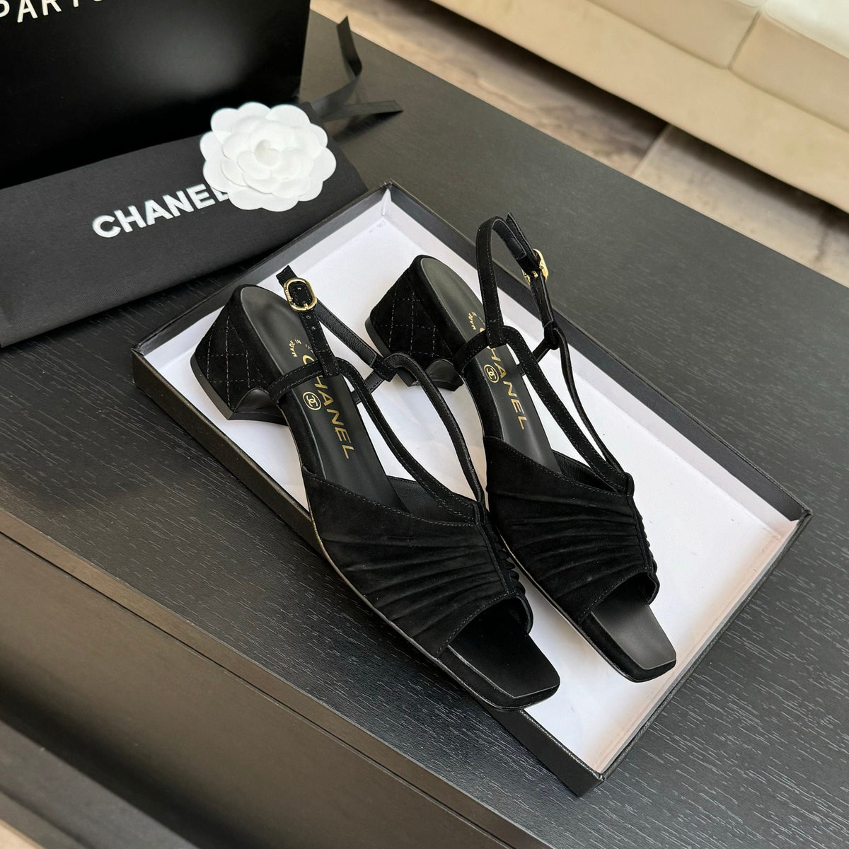 CC 25S Sandal Heel 50mm Black Suede Kidskin