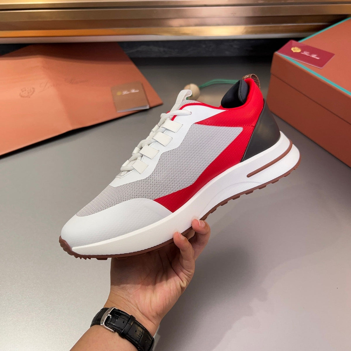 LP BRUNELLO SNEAKERS LIGHT GRAY AND RED MESH BREATHABLE