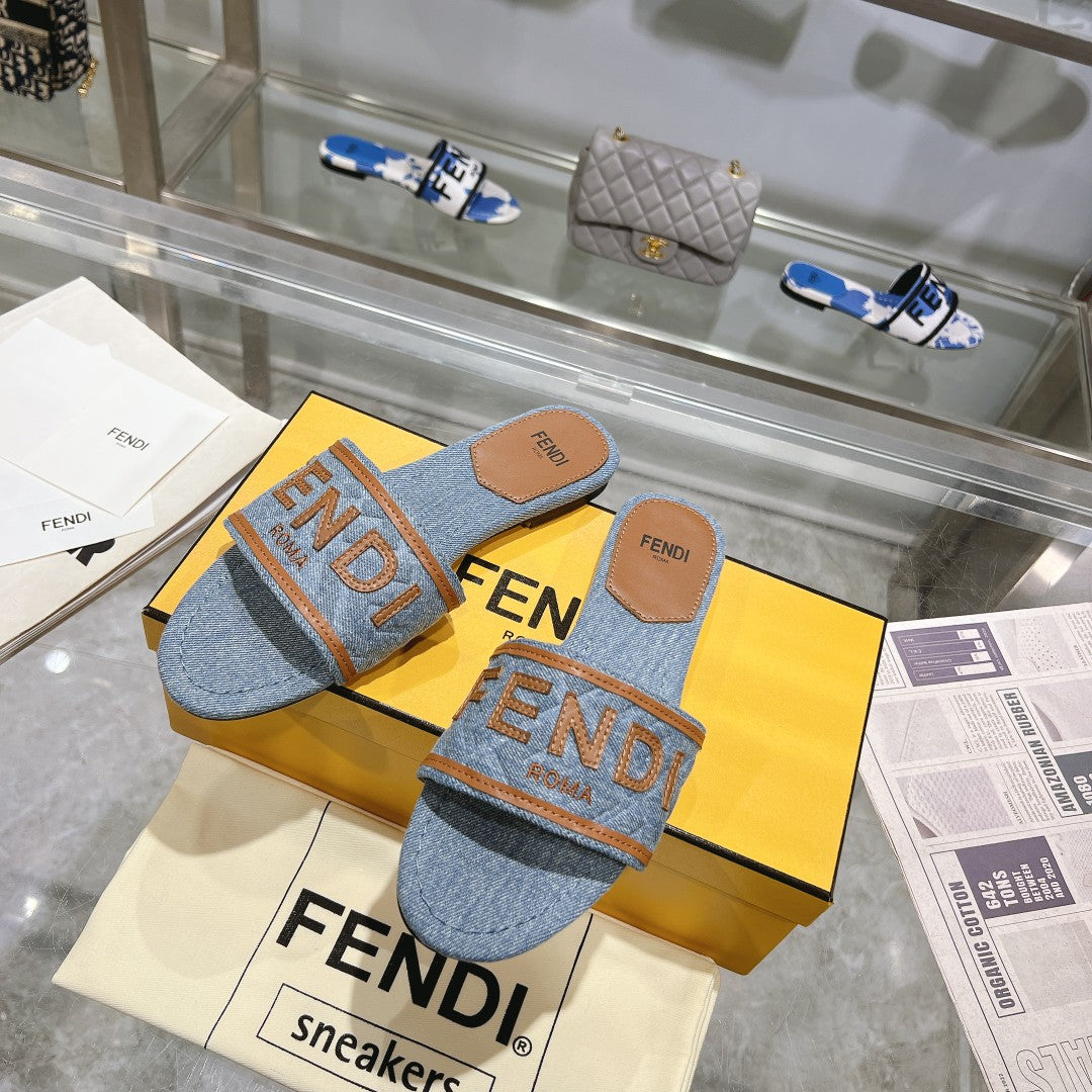 FF Women Signature Slides Tan Denim Canvas Slide