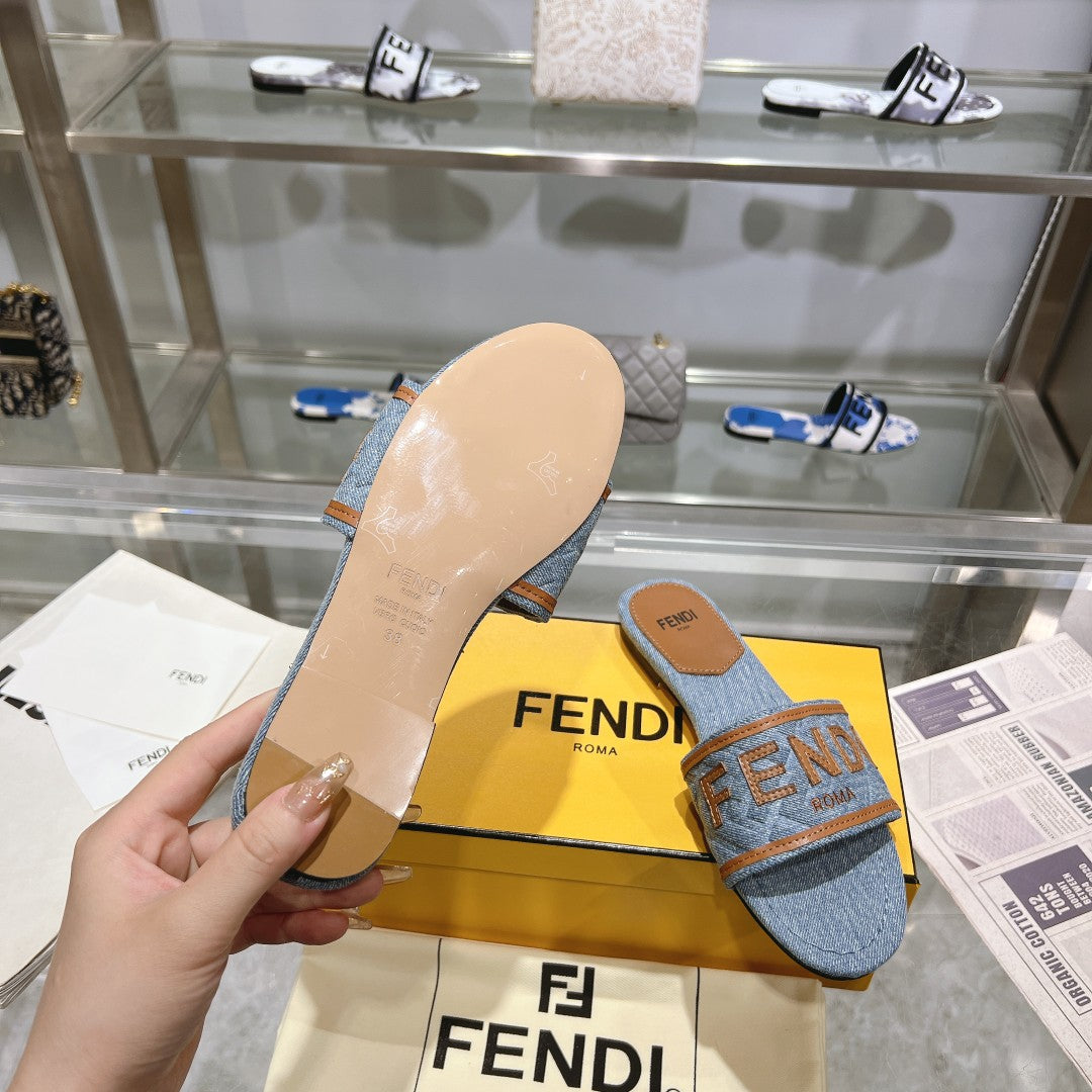 FF Women Signature Slides Tan Denim Canvas Slide