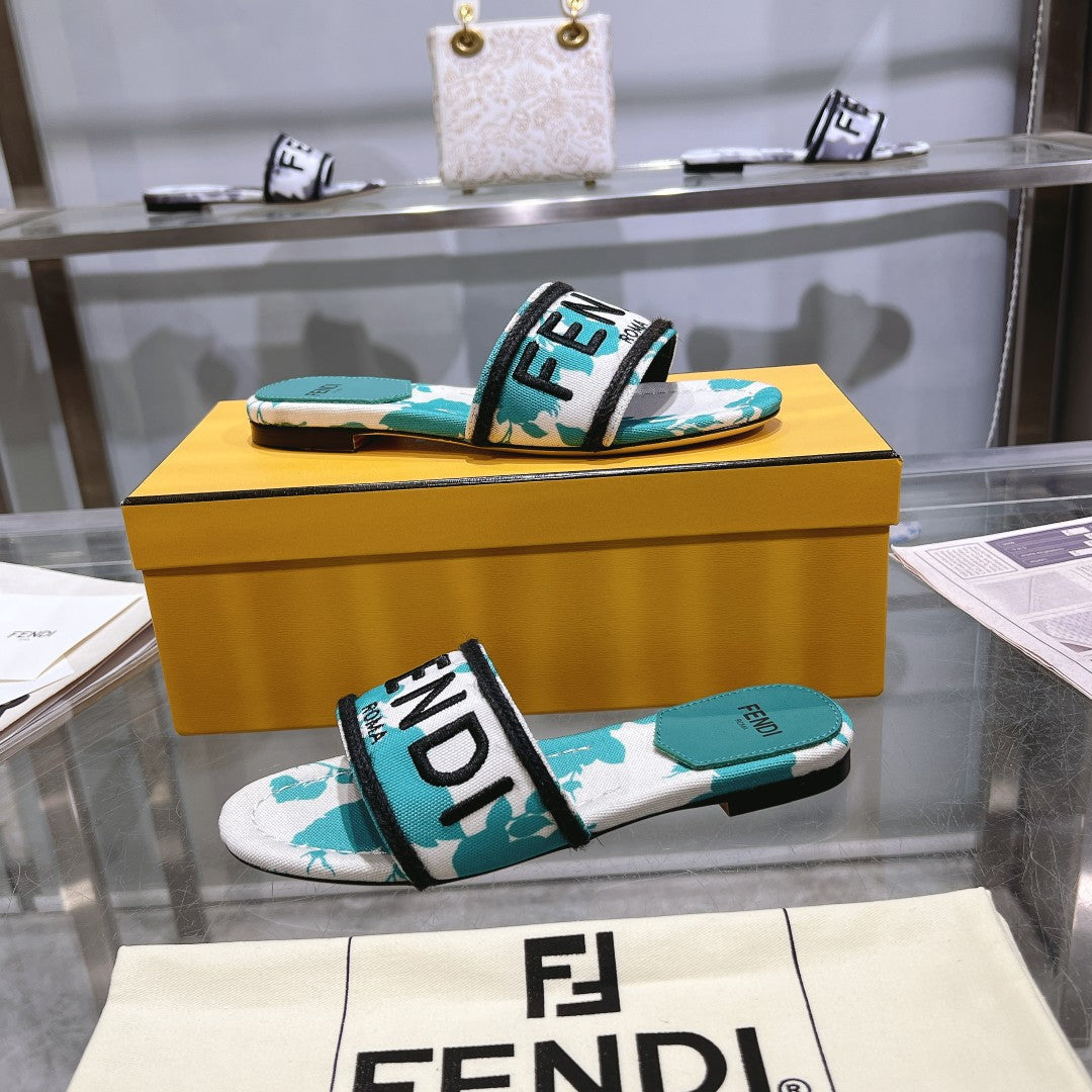 FF Women Signature Slides Turquoise White Canvas Slide