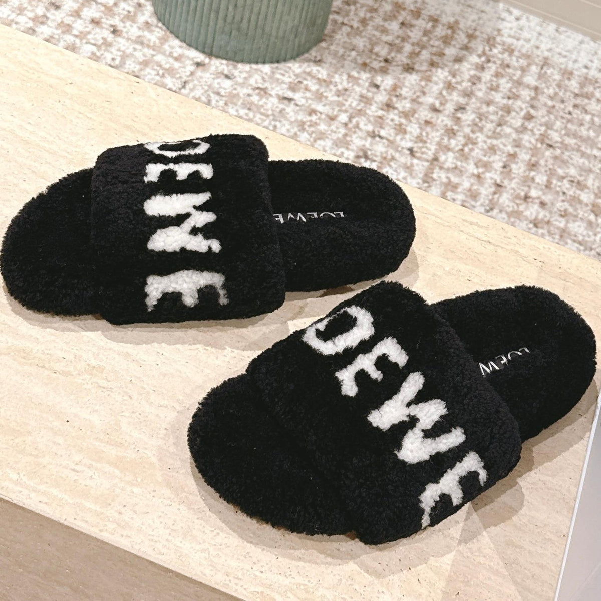 Loewe 2025 Fur Slipper Black White Wool 556016