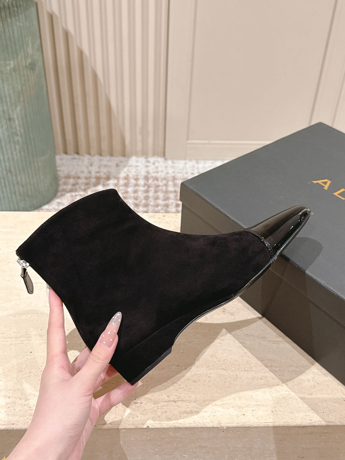Alaia 2025 Ankle Boot With Patent Leather Cap Toe Black Suede 556086