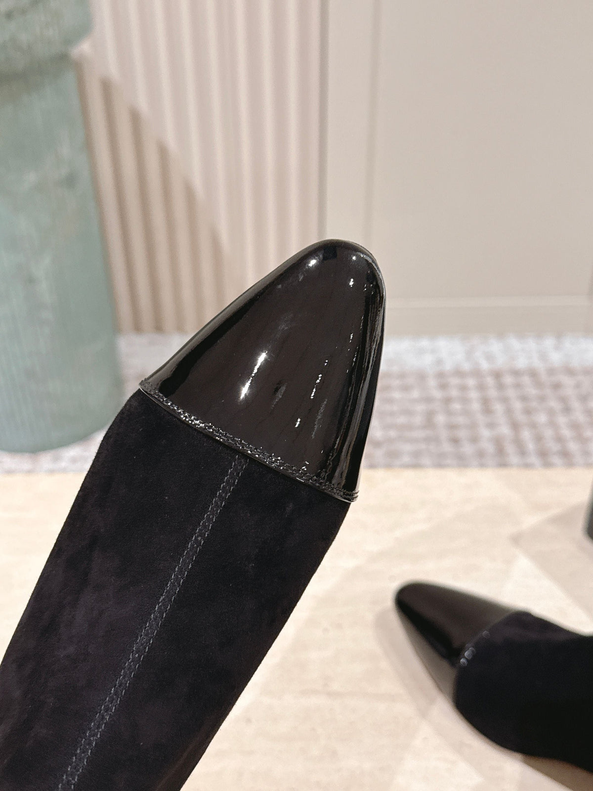 Alaia 2025 Ankle Boot With Patent Leather Cap Toe Black Suede 556086