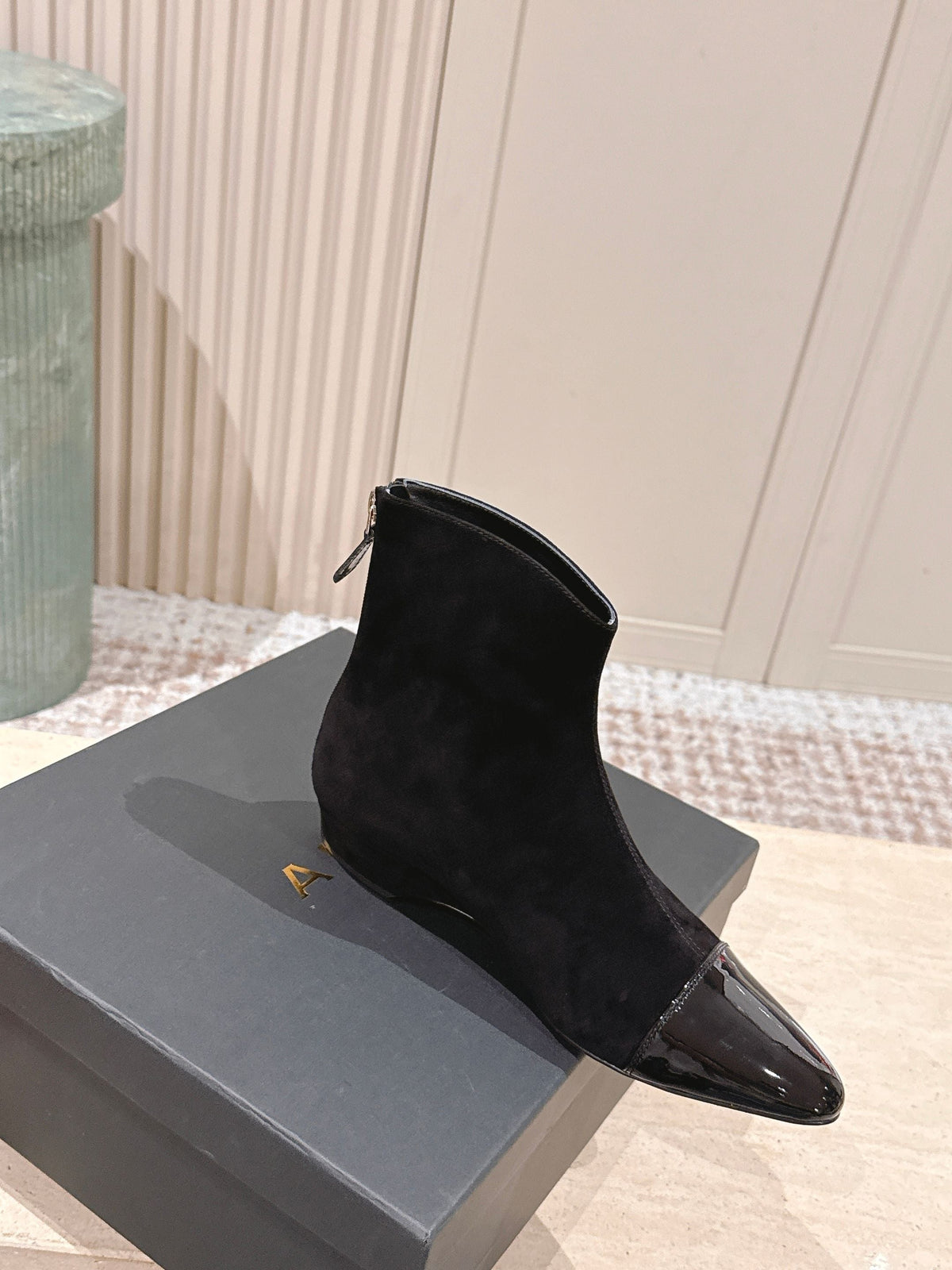 Alaia 2025 Ankle Boot With Patent Leather Cap Toe Black Suede 556086