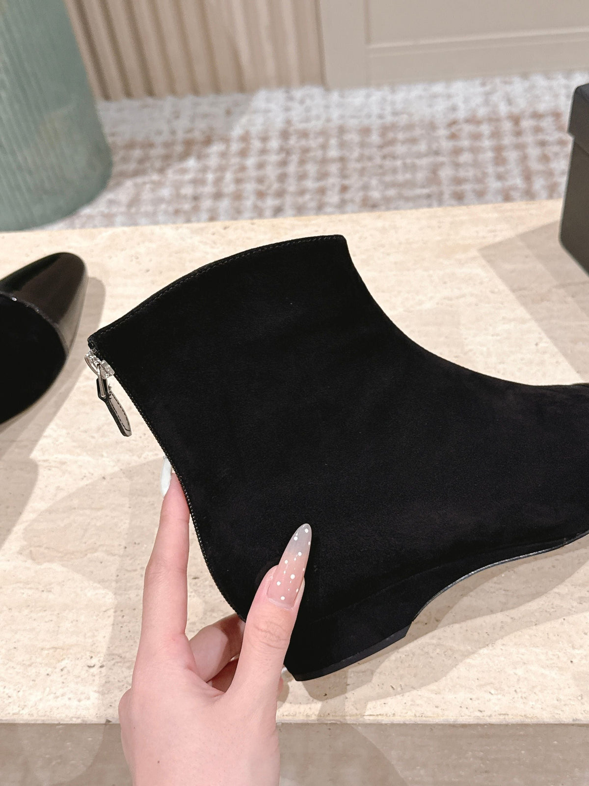 Alaia 2025 Ankle Boot With Patent Leather Cap Toe Black Suede 556086