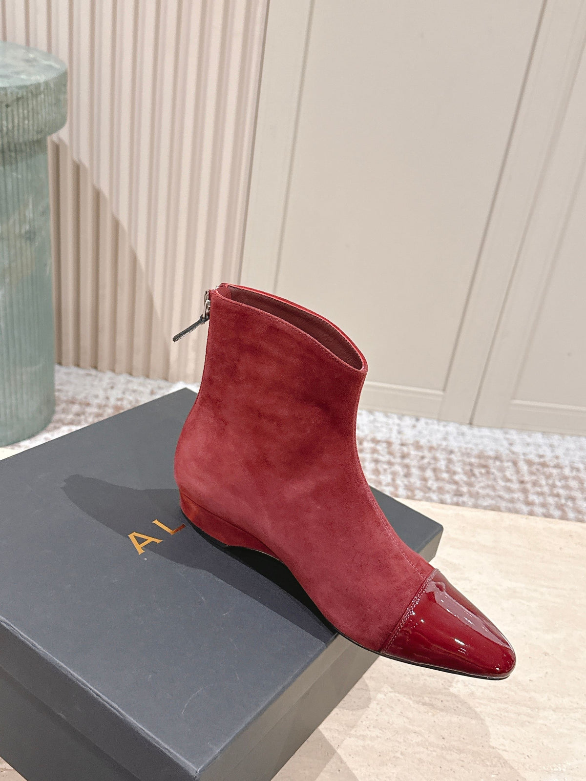 Alaia 2025 Ankle Boot With Patent Leather Cap Toe Red Suede 556088