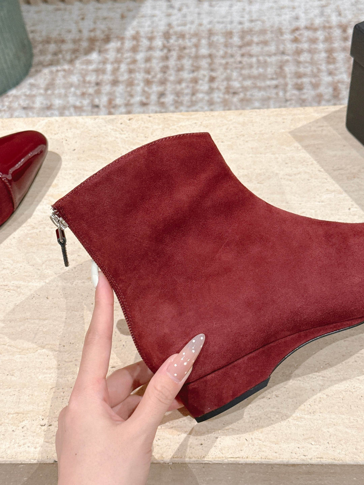 Alaia 2025 Ankle Boot With Patent Leather Cap Toe Red Suede 556088