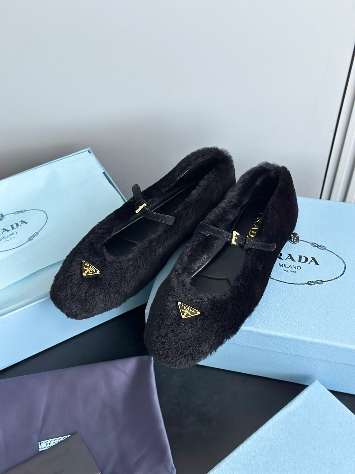 Prada 25s Mary Jane Ballet Flats Black Wool 538454