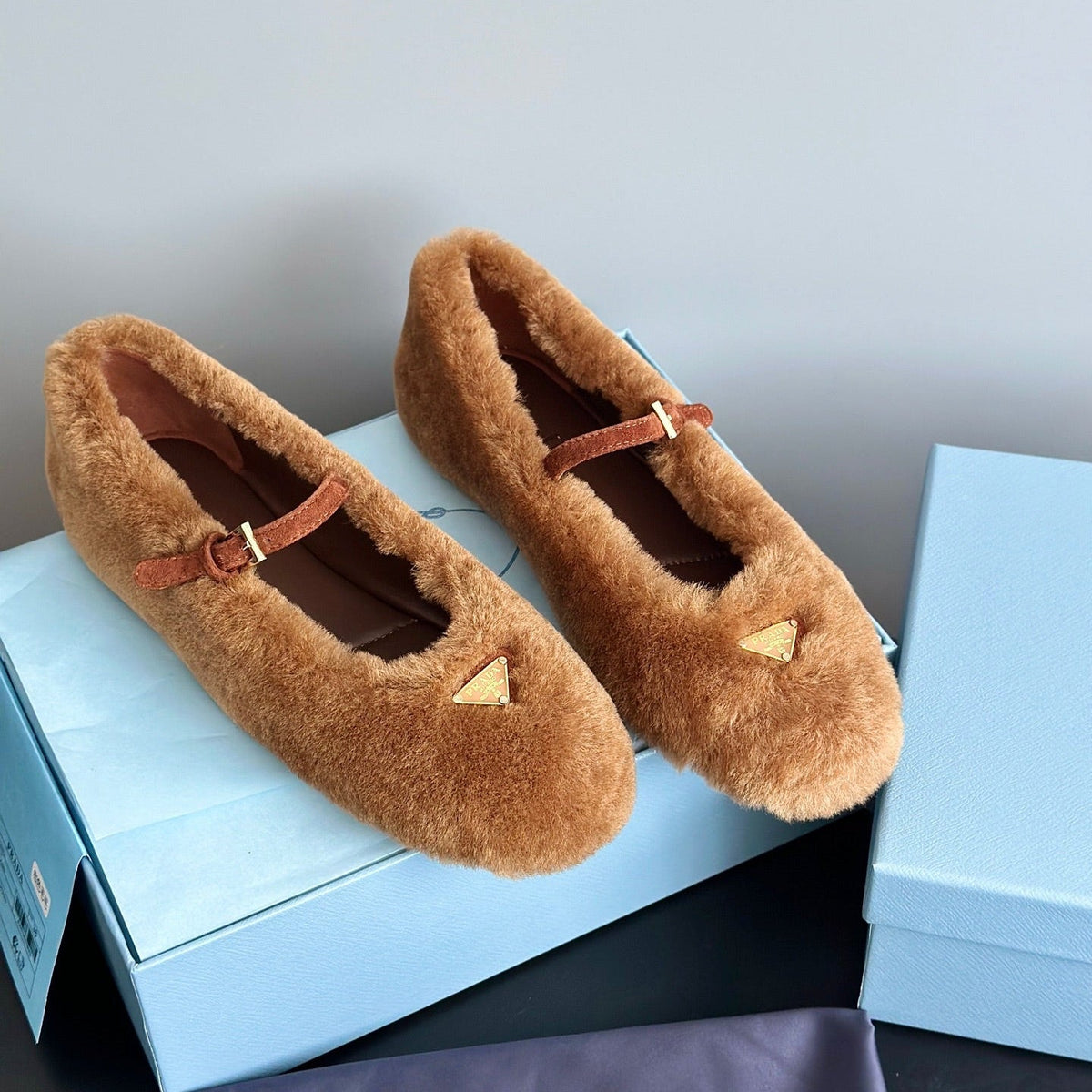 Prada 25s Mary Jane Ballet Flats Caramel Brown Wool 538455