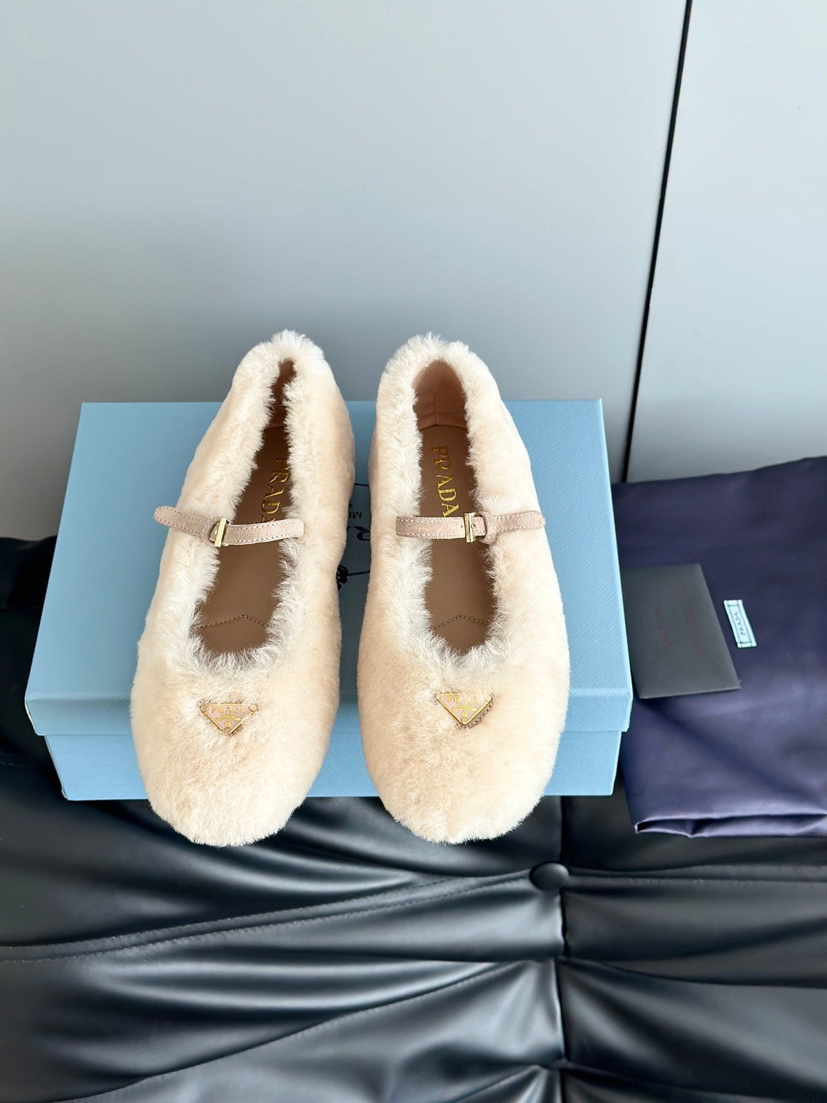 Prada 25s Mary Jane Ballet Flats White Wool 538456