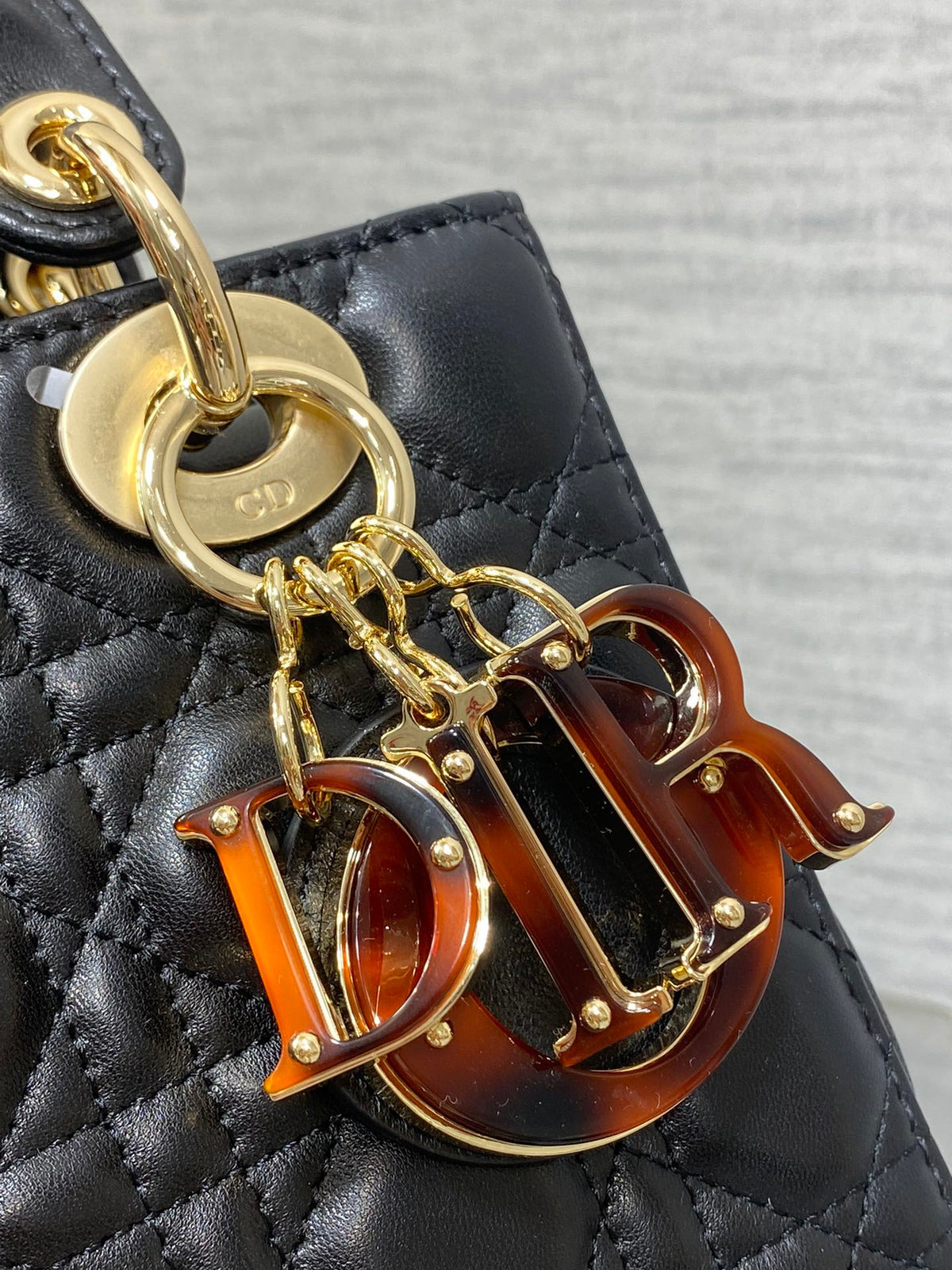 CD Lady Bag 20cm Black Lambskin Brown Charm