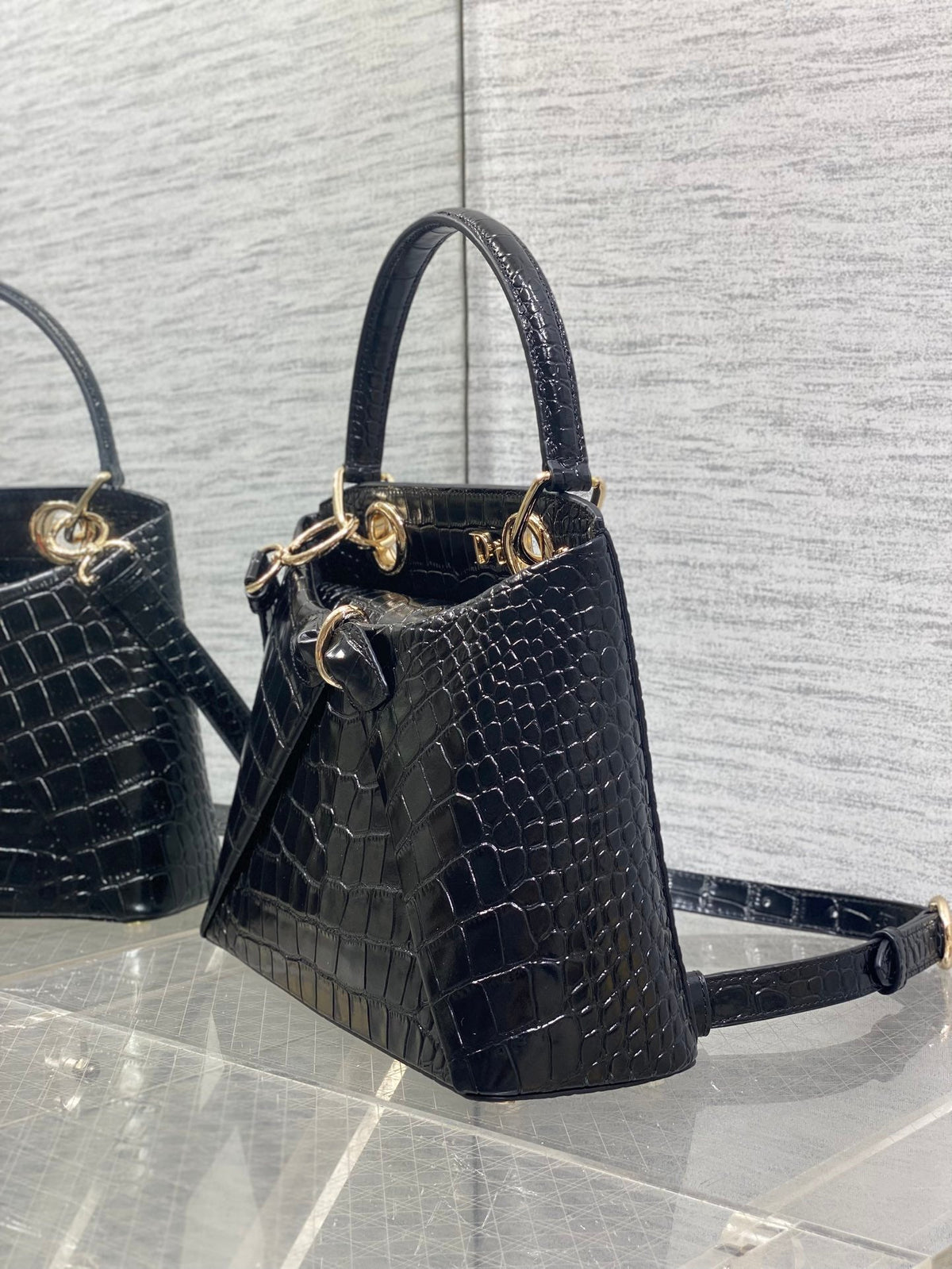 Dior 2025 Crocodile Pattern Bag 28cm Black Leather 272521