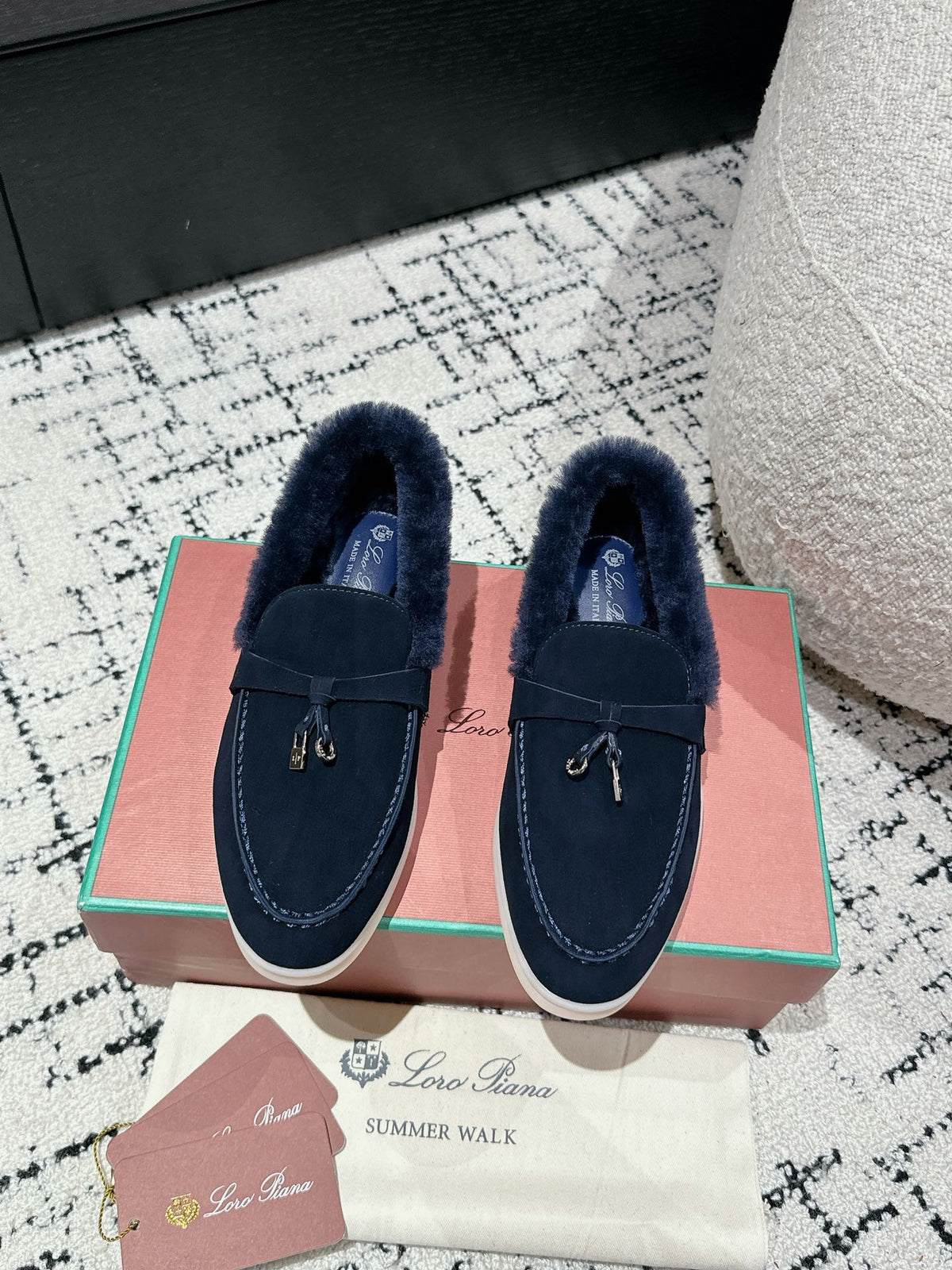 LP Summer Charms Walk Loafers In Deep Blue Suede With Rabbit Fur Lining 985643