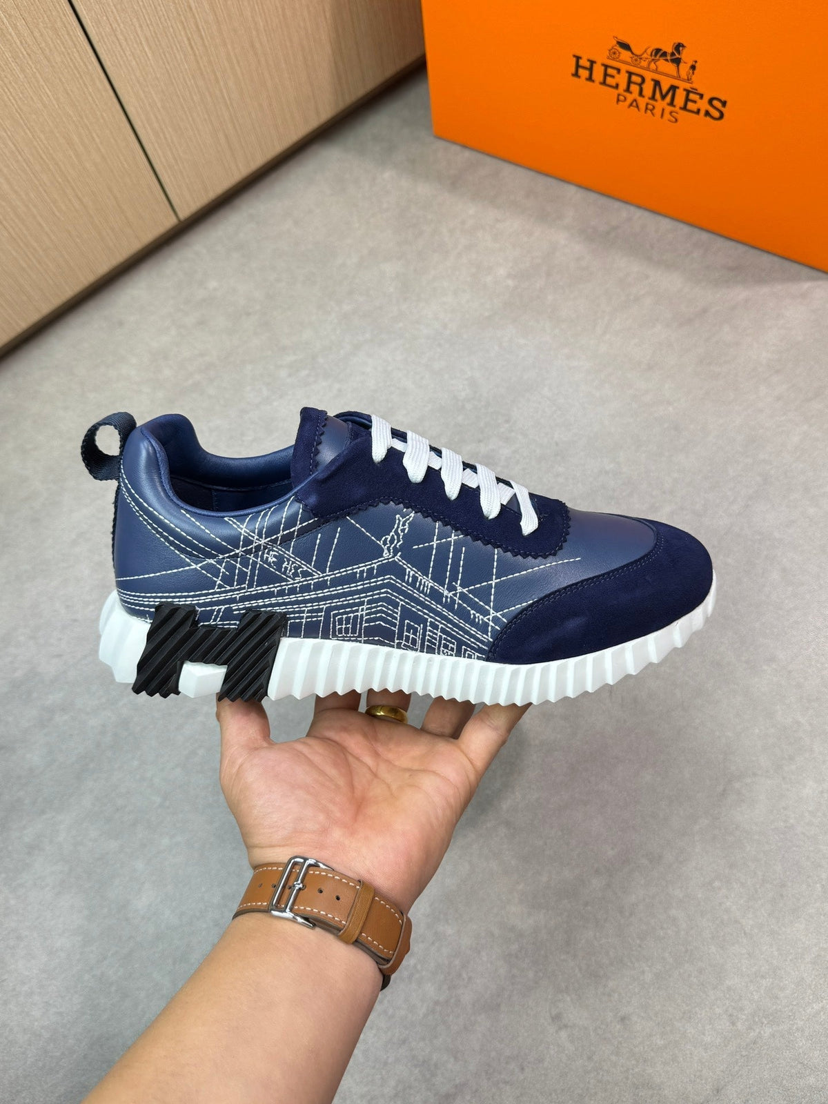 HM Men's Bouncing Sneaker Navy Blue Calfskin Suede 696024