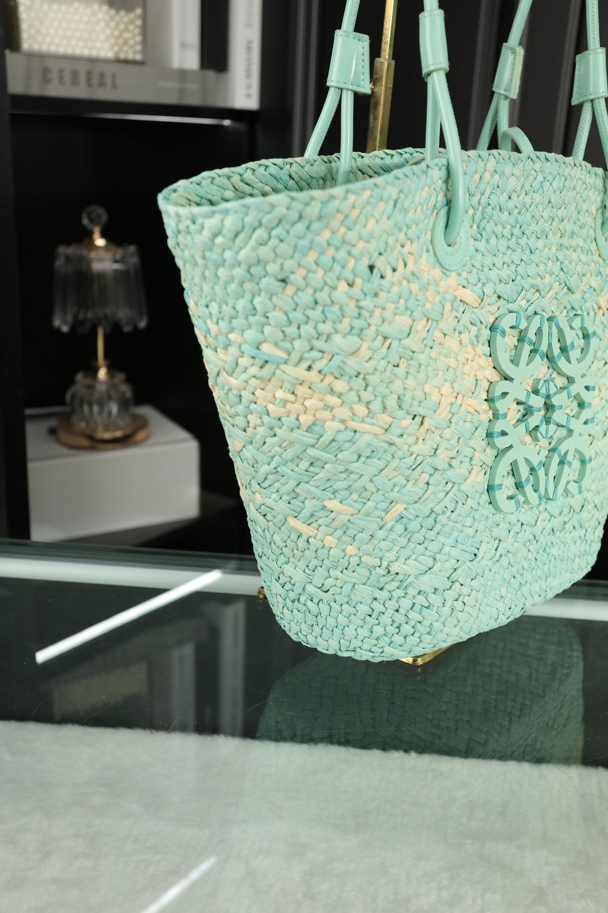 LOE SMALL ANAGRAM BASKET 28 BAG IN LIGHT BLUE IRACA PALM AND CALFSKIN