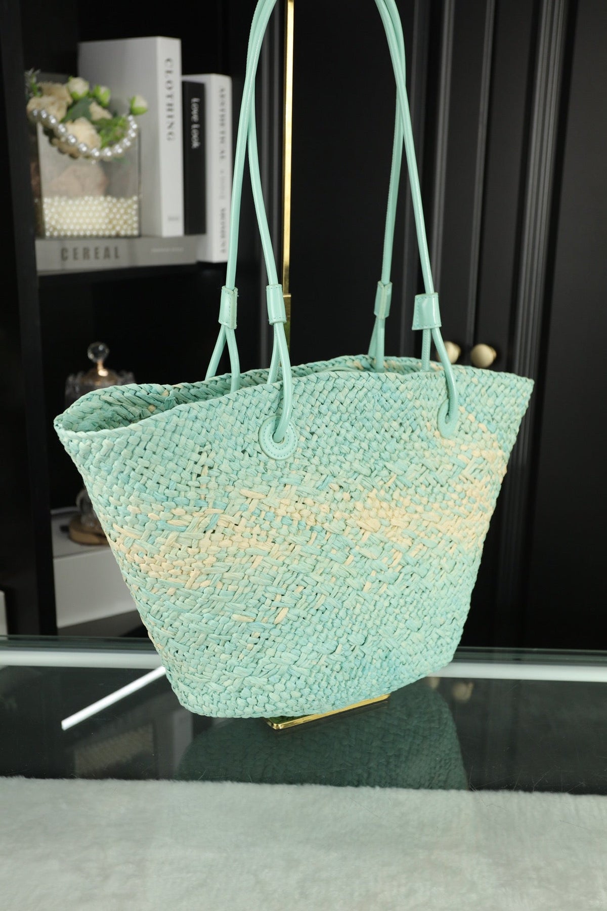 LOE SMALL ANAGRAM BASKET 28 BAG IN LIGHT BLUE IRACA PALM AND CALFSKIN