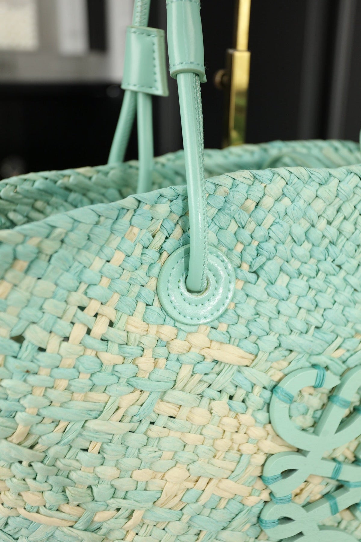 LOE SMALL ANAGRAM BASKET 28 BAG IN LIGHT BLUE IRACA PALM AND CALFSKIN
