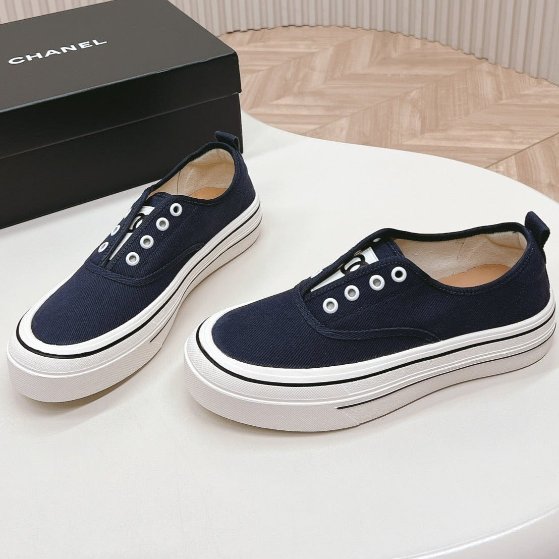 Double C Platform Biscuit Shoes Fabric Navy Blue