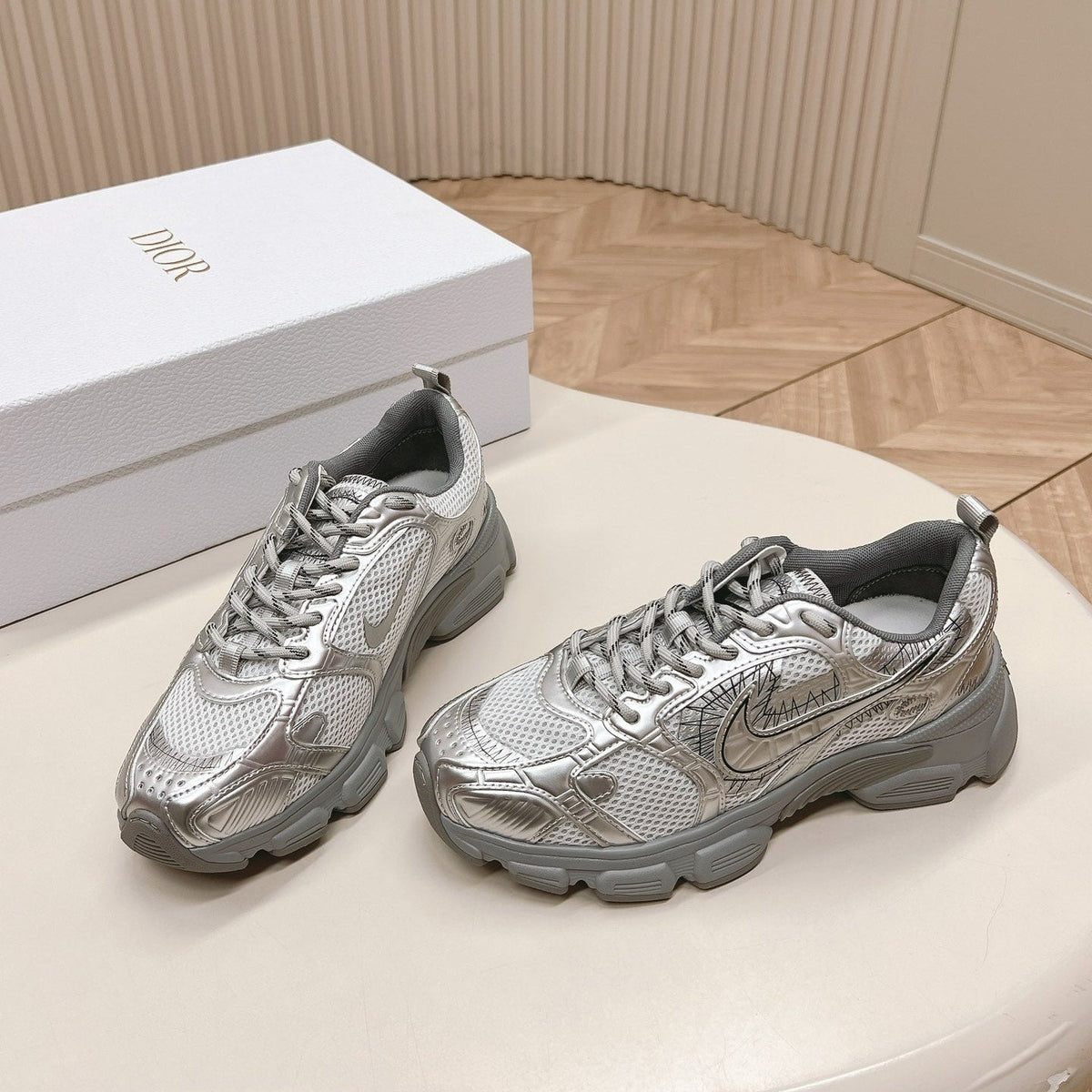 CD 26s Chrono Sneakers Metallic Silver Cowhide Mesh 643752