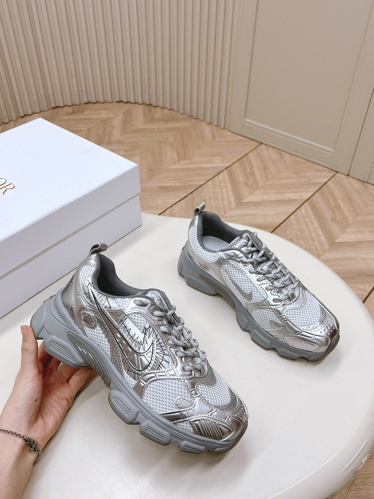 CD 26s Chrono Sneakers Metallic Silver Cowhide Mesh 643752